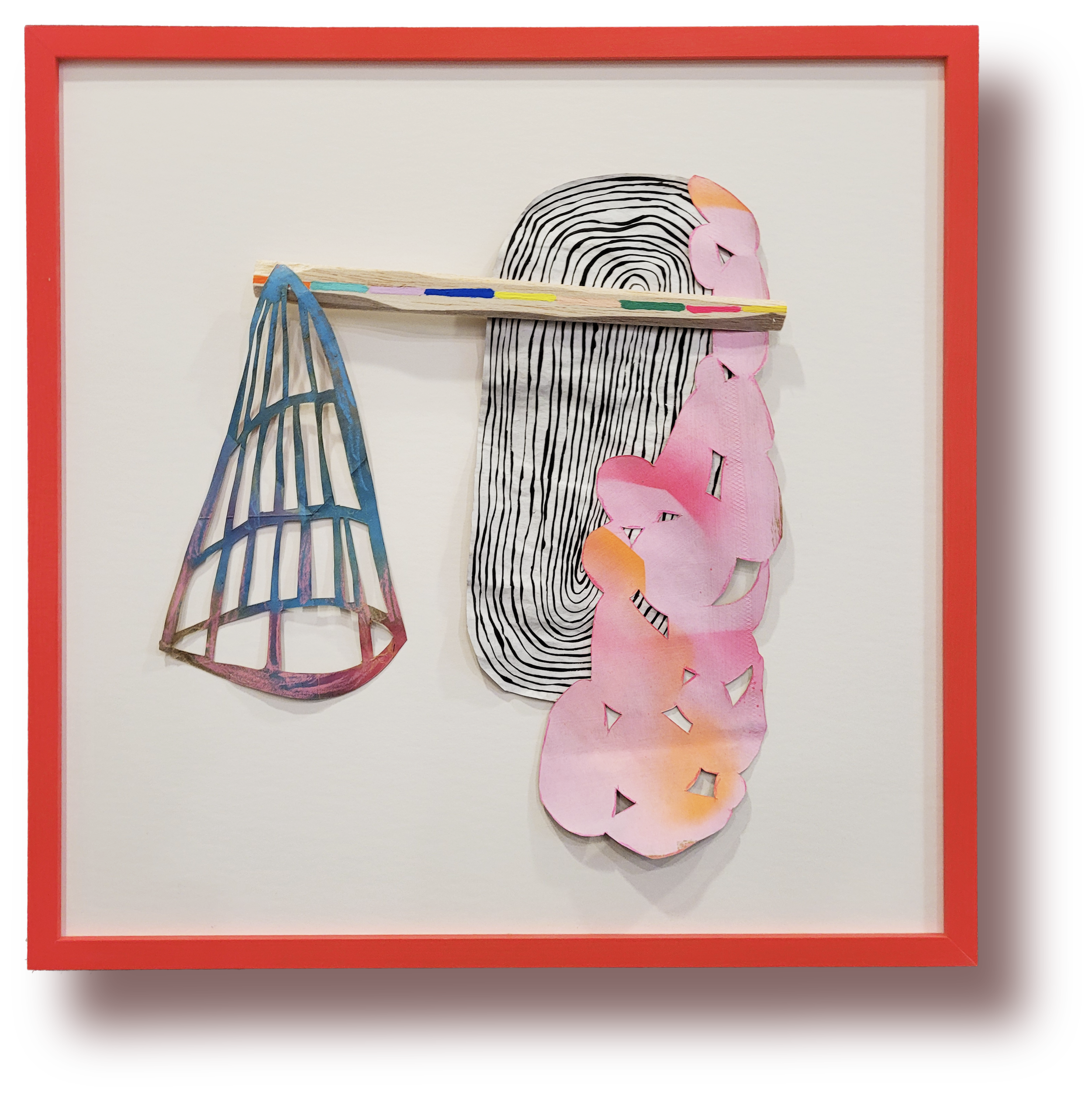 Mixed media abstract artwork with colorful cutouts, black and white lines, and a small blue and pink structure on a white background framed in red.