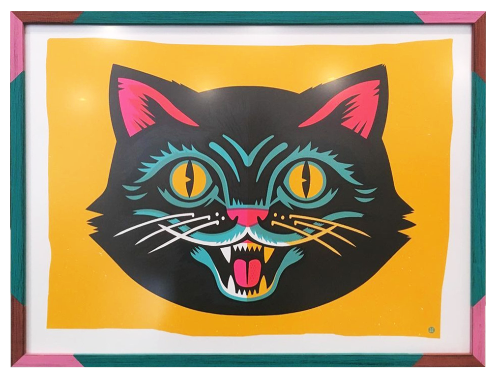 A stylized illustration of a black cat with yellow eyes, pink inner ears, and an open mouth showing sharp teeth and a pink tongue, set against a yellow background and framed with a colorful border.