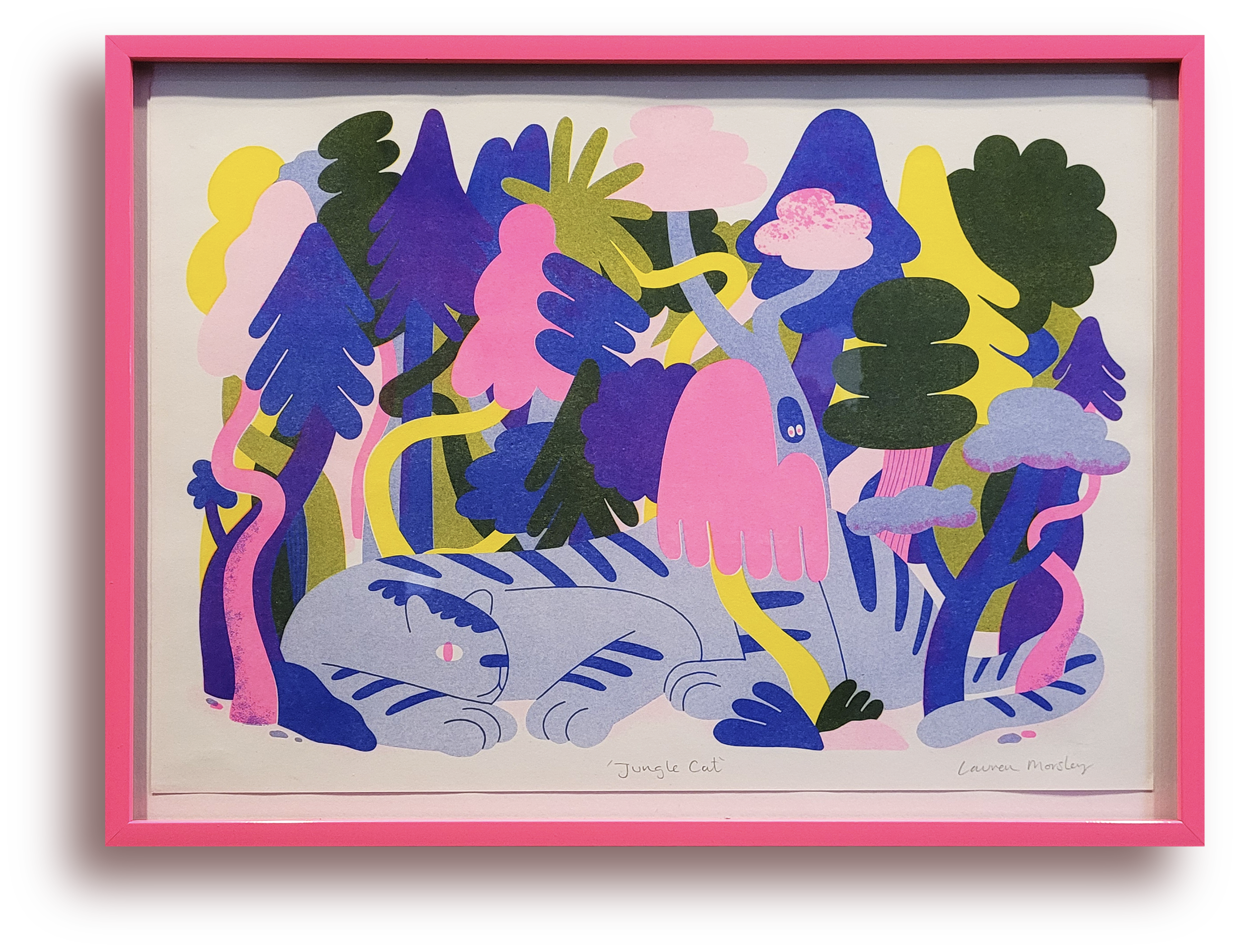 Colorful illustration of a jungle scene with a sleeping tiger, pink bird, and lush trees in shades of blue, purple, green, and yellow, framed in pink.