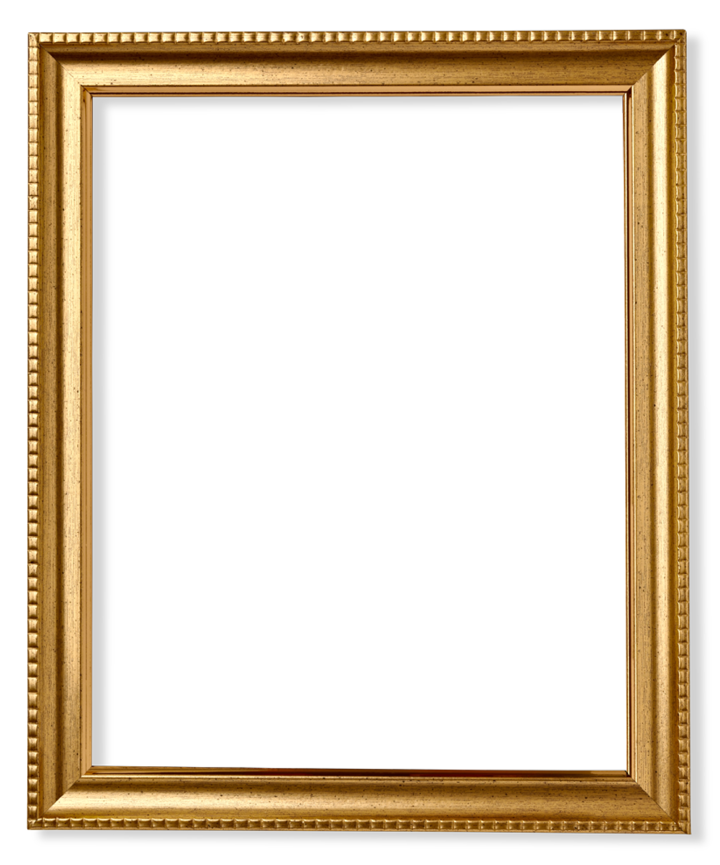 Empty gold ornate picture frame with a white background.