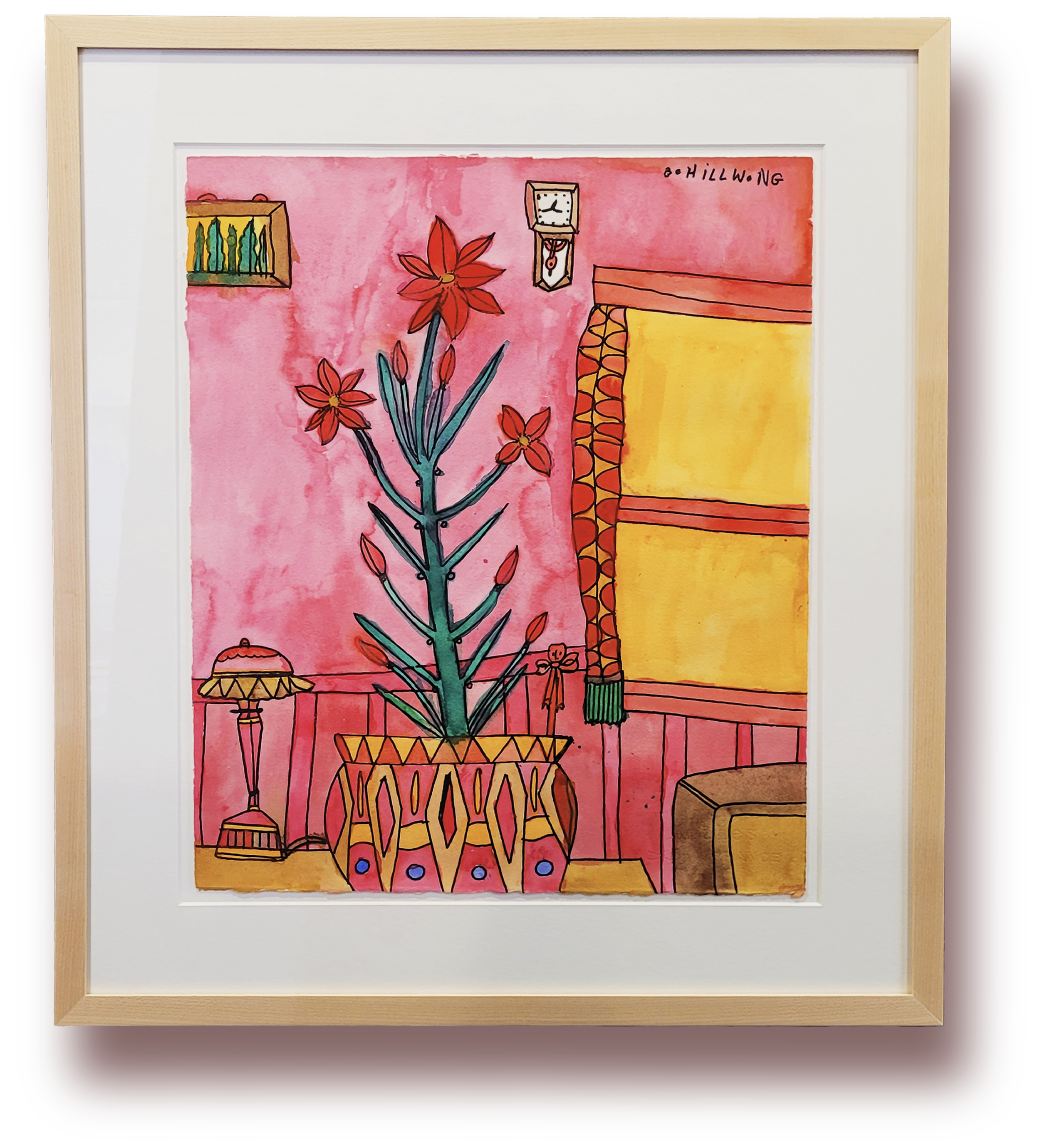 Watercolor painting of a room with pink walls, a large potted plant with red flowers, a small table lamp, a wall clock, a window with yellow curtains, and a shelf with small green plants.