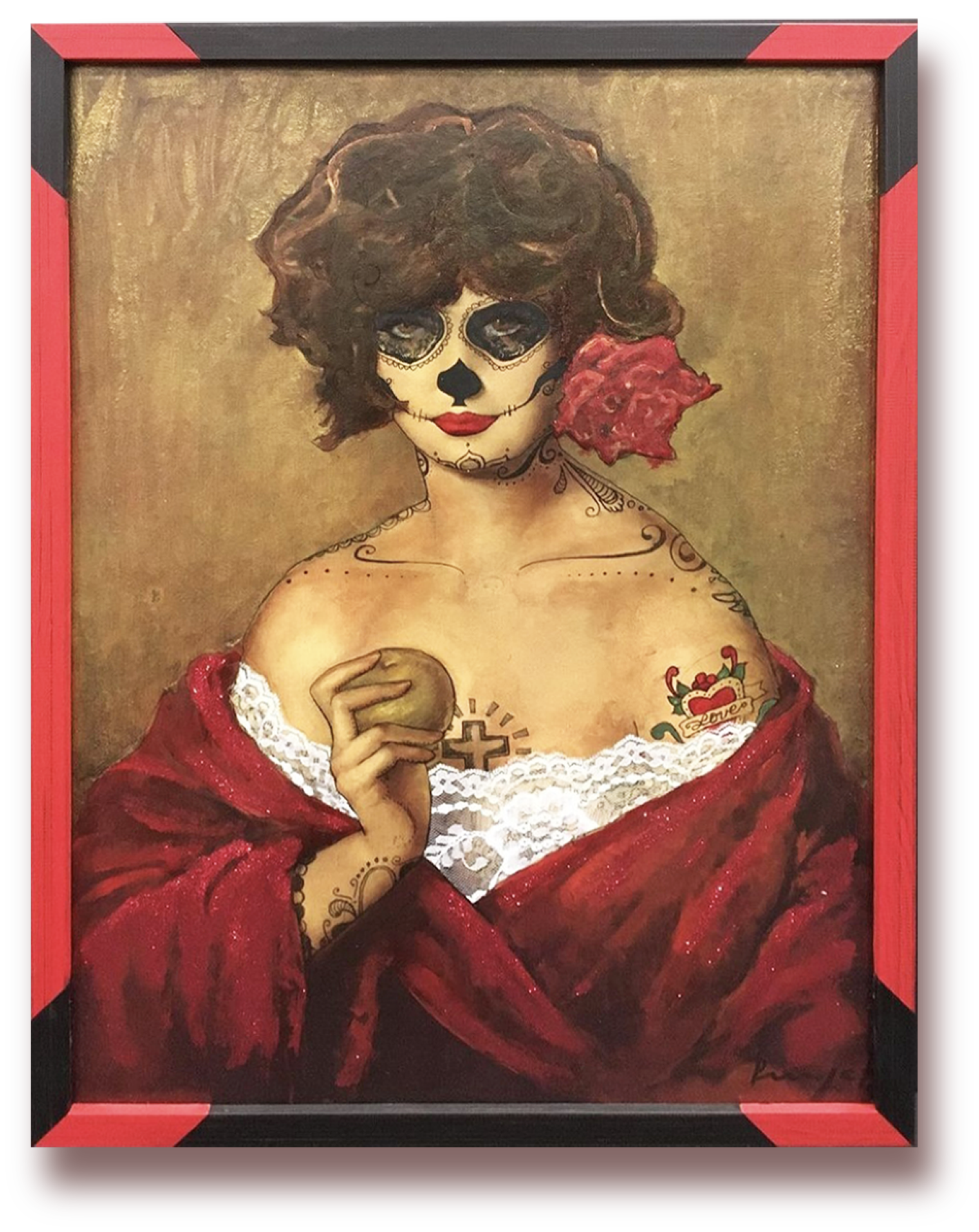 A portrait of a woman with a sugar skull face paint and dark curly hair, holding a stone in her hand, with tattoos including a heart with the word 'love' and a cross, wearing a red shawl and lace top, against a gold background with a distinct frame.