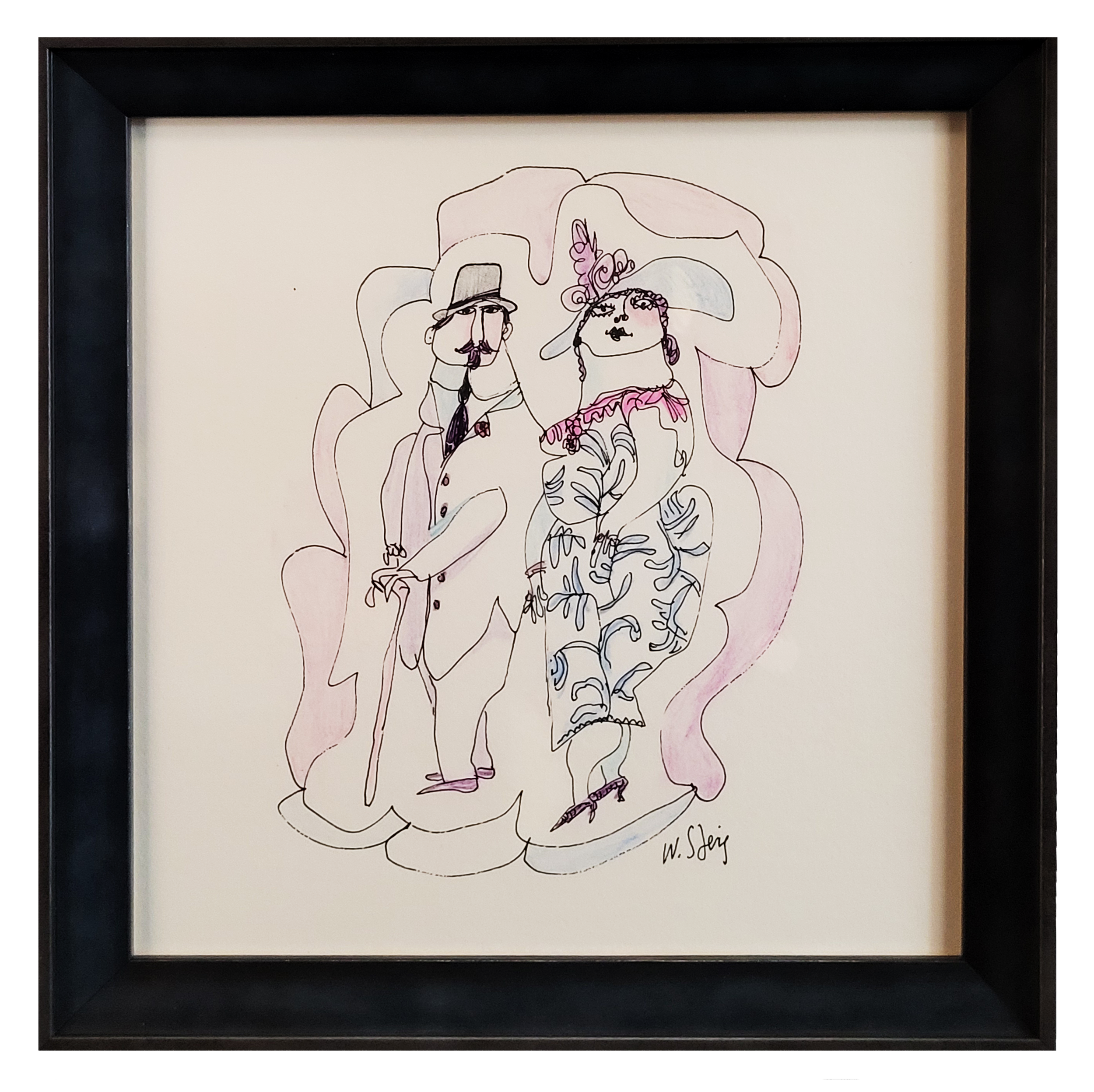 Line drawing of a man and woman dressed in vintage clothing, with the man wearing a top hat and holding a cane, and the woman wearing a large hat with feathers and a floral dress, framed with a black border.