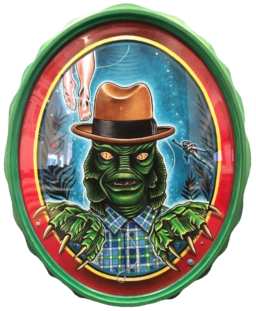 Colorful illustration of a humanoid creature with green scaly skin, yellow eyes, and large claws, wearing a plaid shirt and a brown hat, in a cosmic background with a flying spaceship and floating pairs of feet.