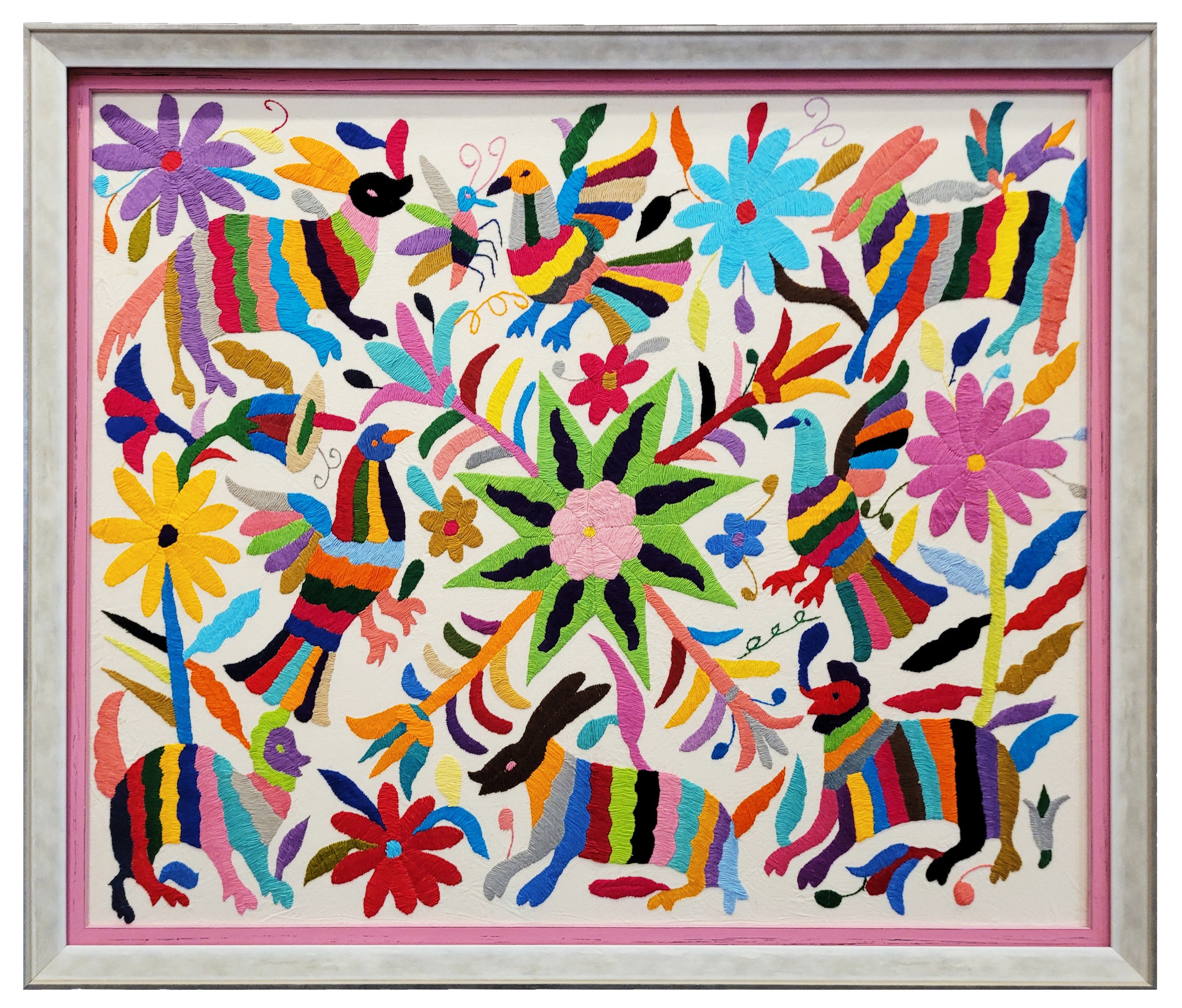 Colorful embroidered artwork featuring striped animals, birds, and large flowers on a cream background, framed with a grey border and pink inner edge.