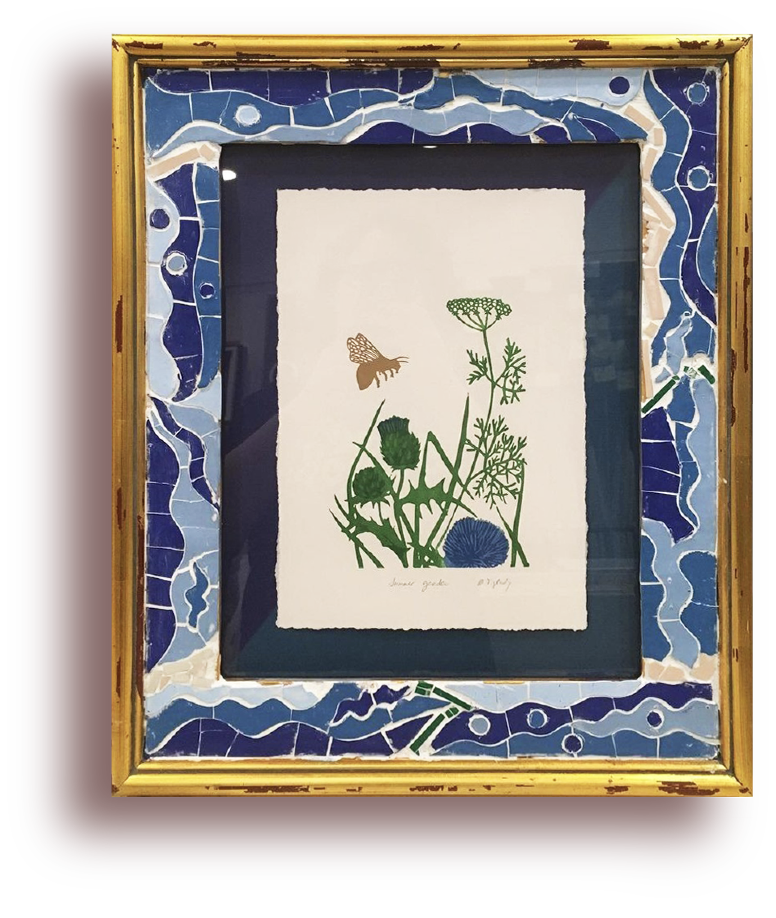 Framed botanical illustration with a bee and various garden plants, surrounded by a decorative blue and gold mosaic frame.