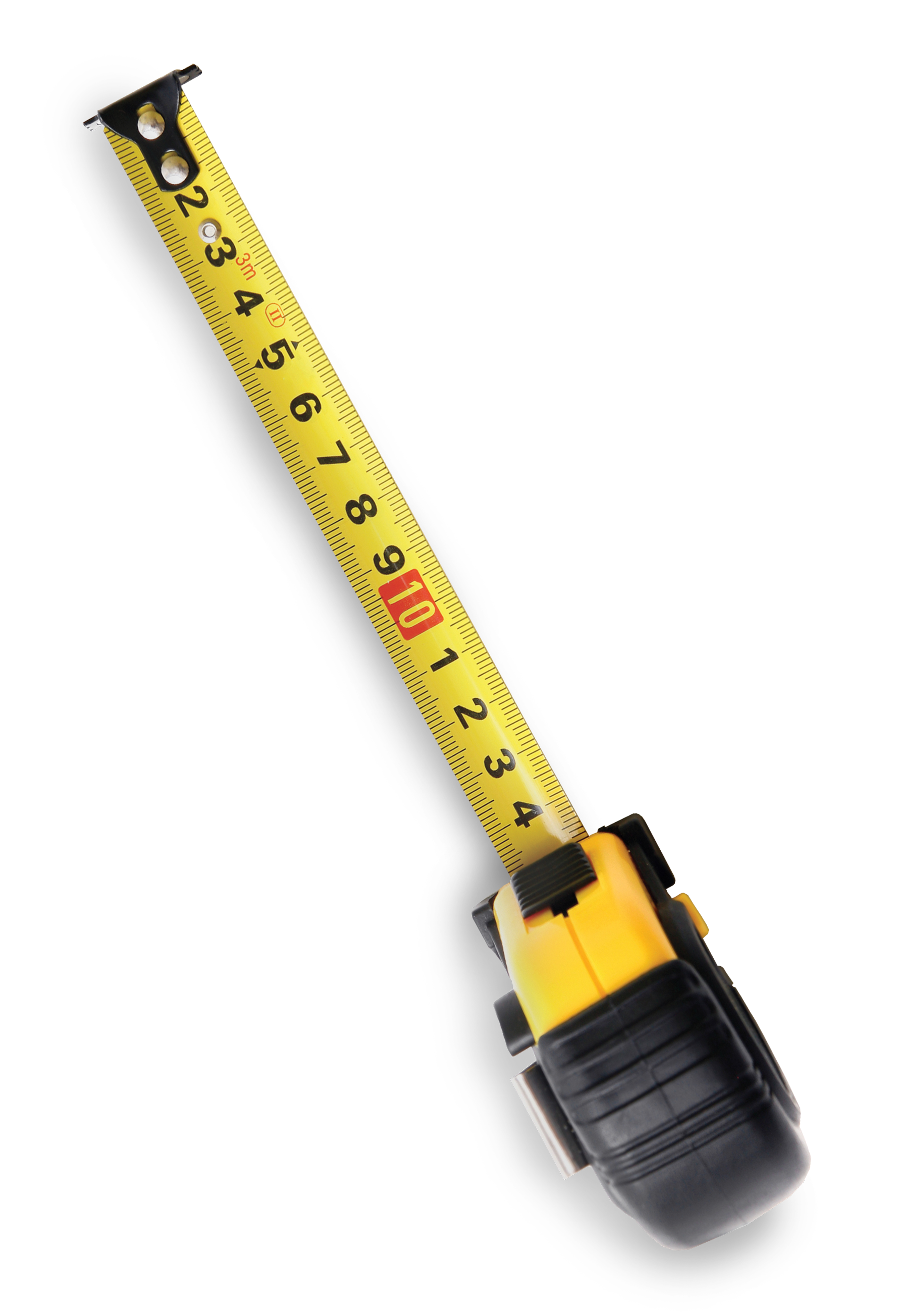 A yellow and black tape measure extended to approximately 10 inches. The tape measure is positioned diagonally.