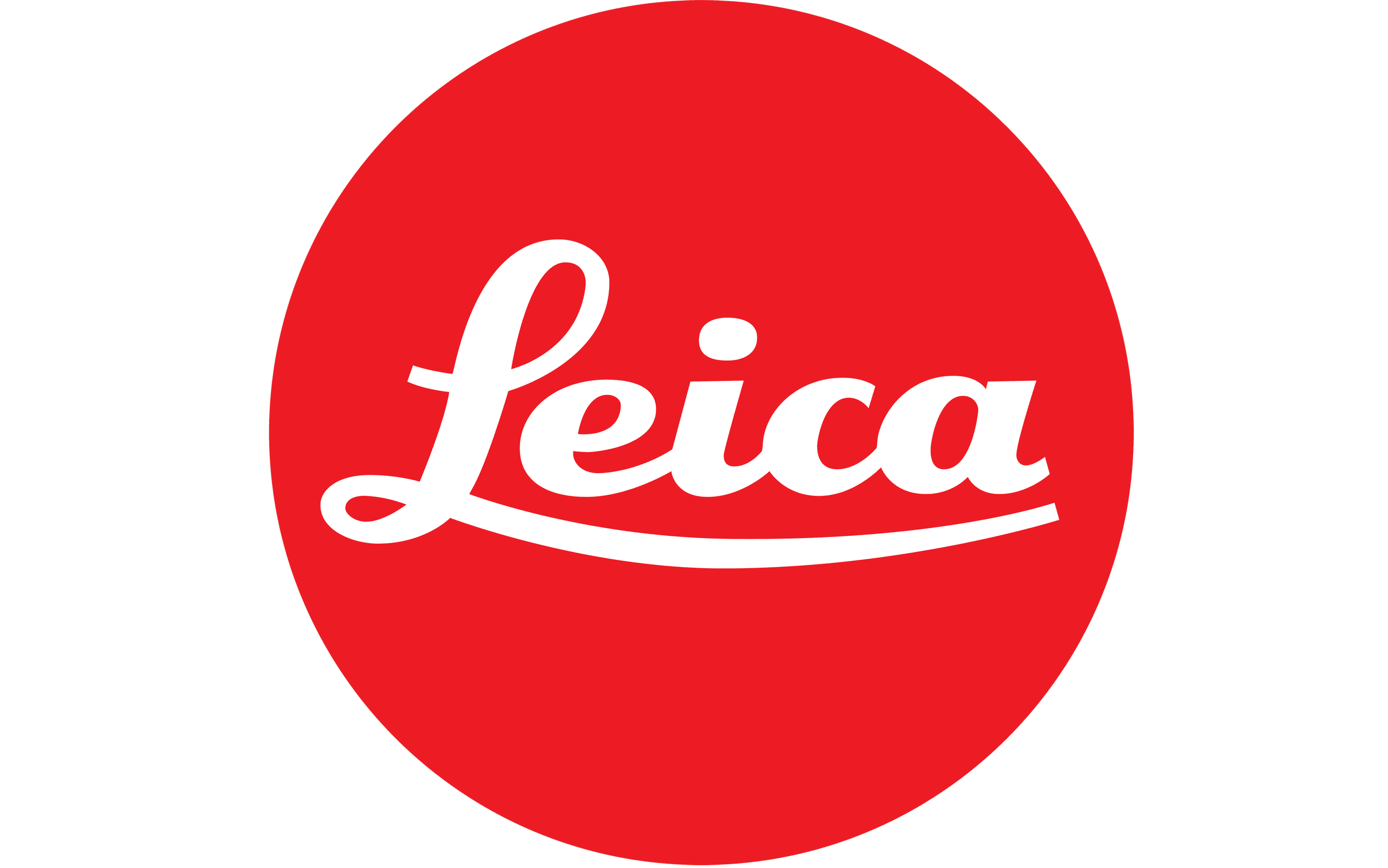 Leica logo with white cursive text in a red circle