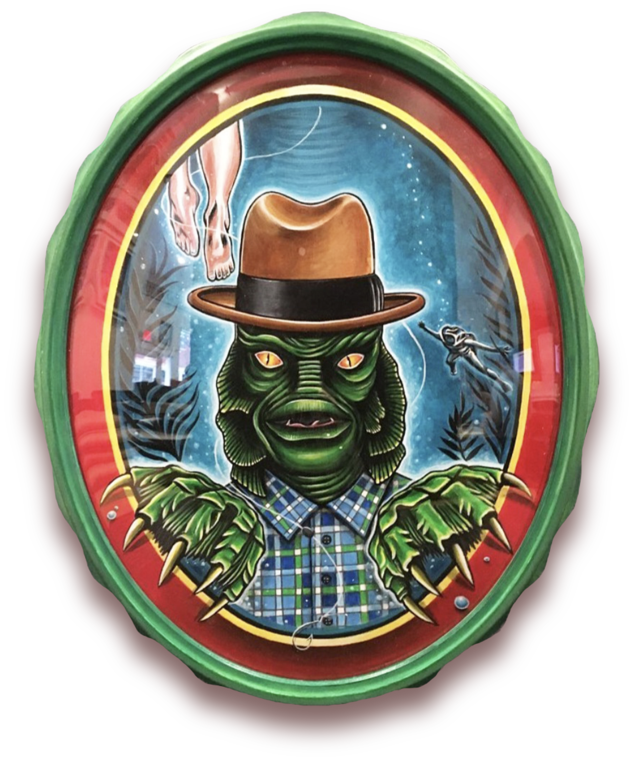 A painting of a humanoid monster with green skin, yellow cat-like eyes, and sharp claws, wearing a fedora and a plaid shirt. The background features a space scene with a spaceship and floating feet