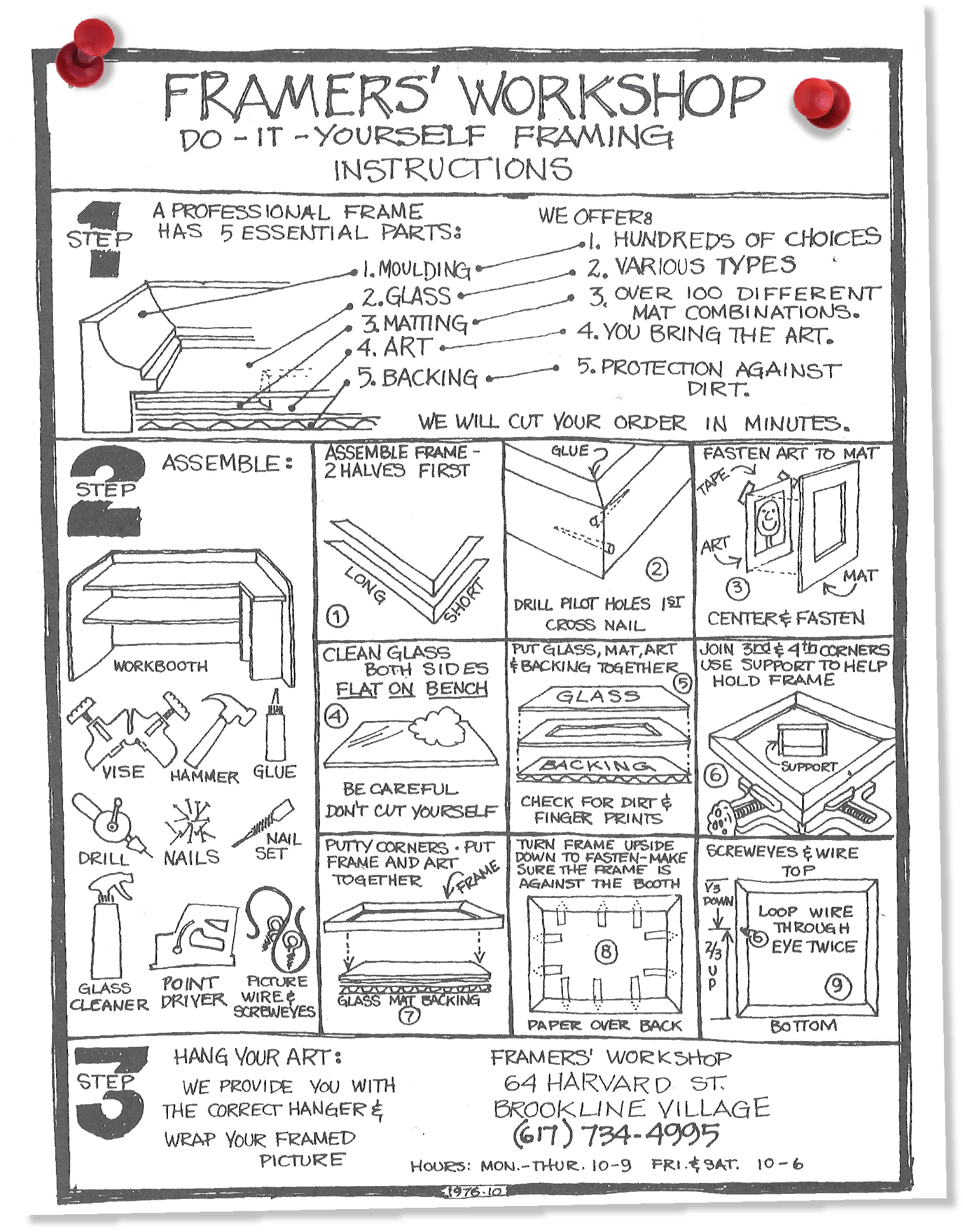 Step-by-step instructions for creating a picture frame, including assembling the frame, gluing glass, backing, and art, then joining and supporting the parts with screws and wire.