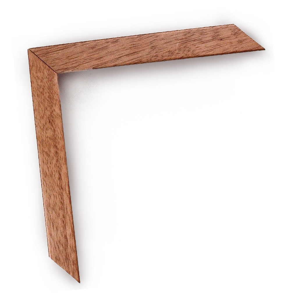 Close-up of a picture frame with a wooden border, showing part of the wall inside the frame.