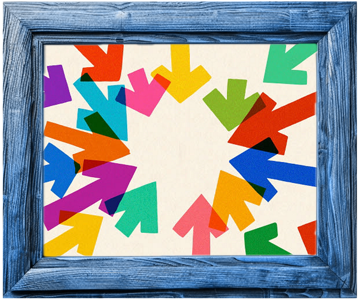 Colorful paper arrows arranged in a heart shape inside a blue wooden picture frame pointing towards a button inviting people to book a free consultation.