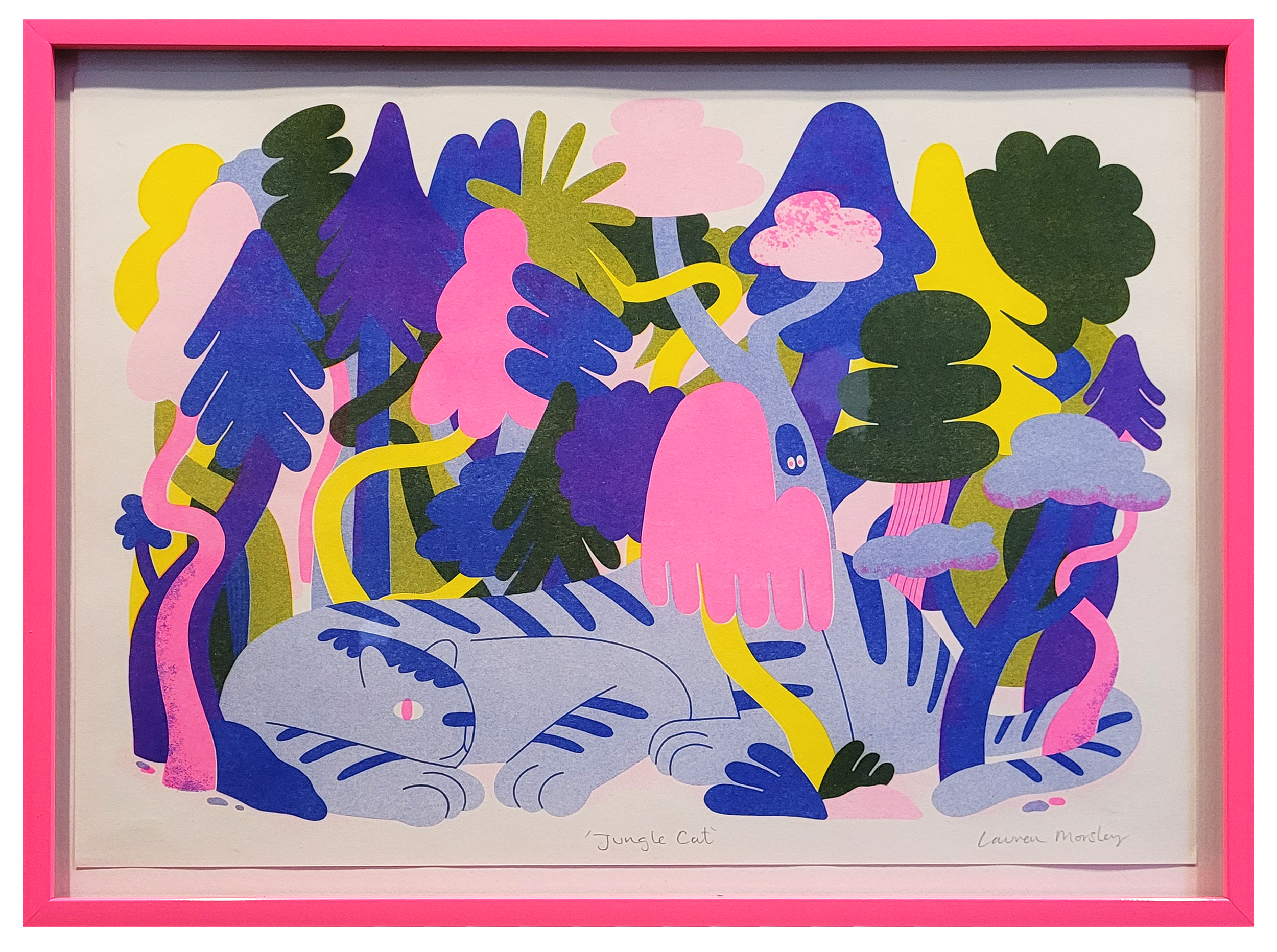 Colorful abstract illustration titled 'Jungle Cat,' featuring a lounging tiger surrounded by stylized blue, pink, purple, green, and yellow trees and plants, with a pink frame.