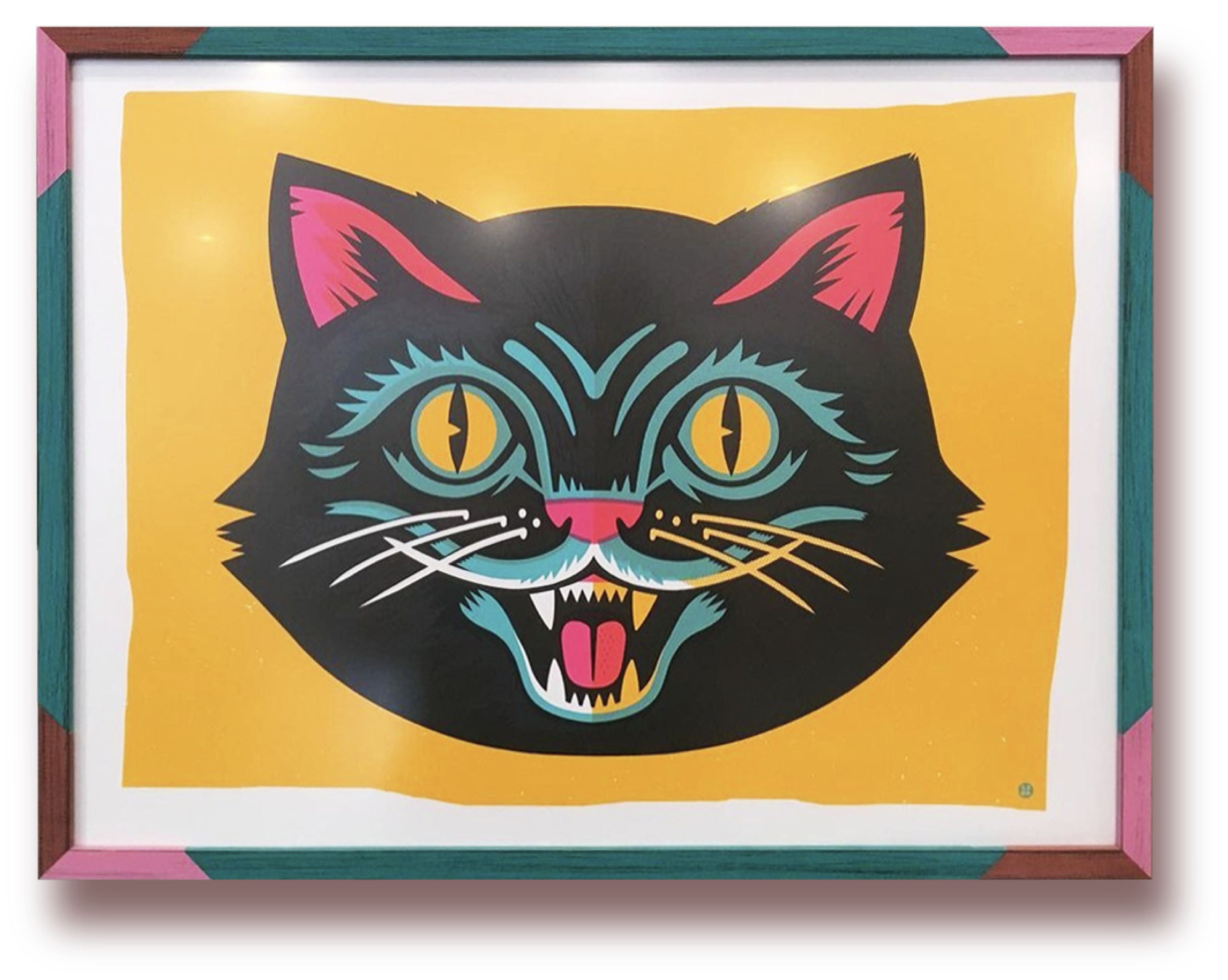 A colorful, stylized illustration of a black cat with yellow eyes, pink inner ears, white whiskers, and an open mouth showing sharp teeth and a pink tongue against a yellow background.