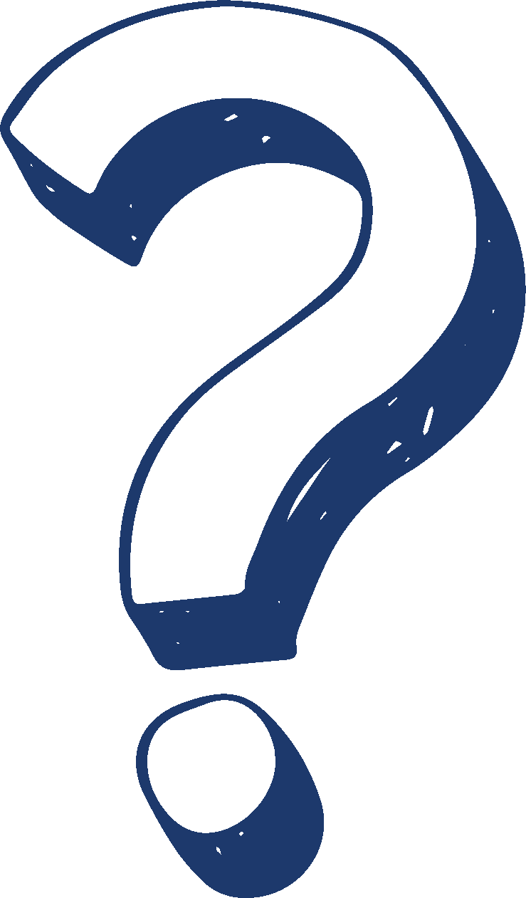 Large navy blue question mark with a small oval dot below it on a black background.