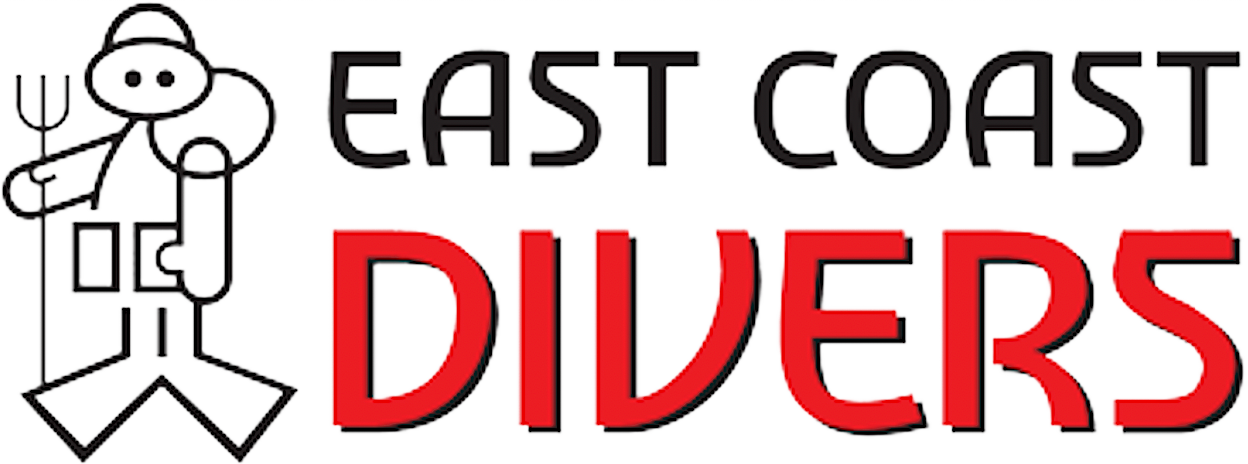Logo for East Coast Divers, featuring a cartoon diver wearing a snorkel and mask, with the text 'East Coast Divers' in bold black and red letters.