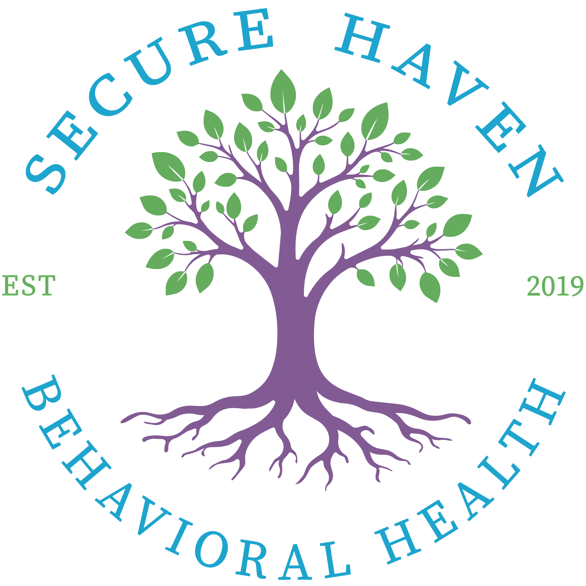 Secure Haven Behavioral Health Logo - a tree with leaves surrounded by the words Secure Haven Behavioral Health - established 2019