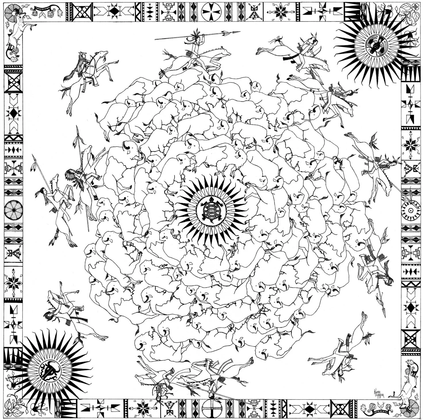 Bison Hunt Black & White Art Print