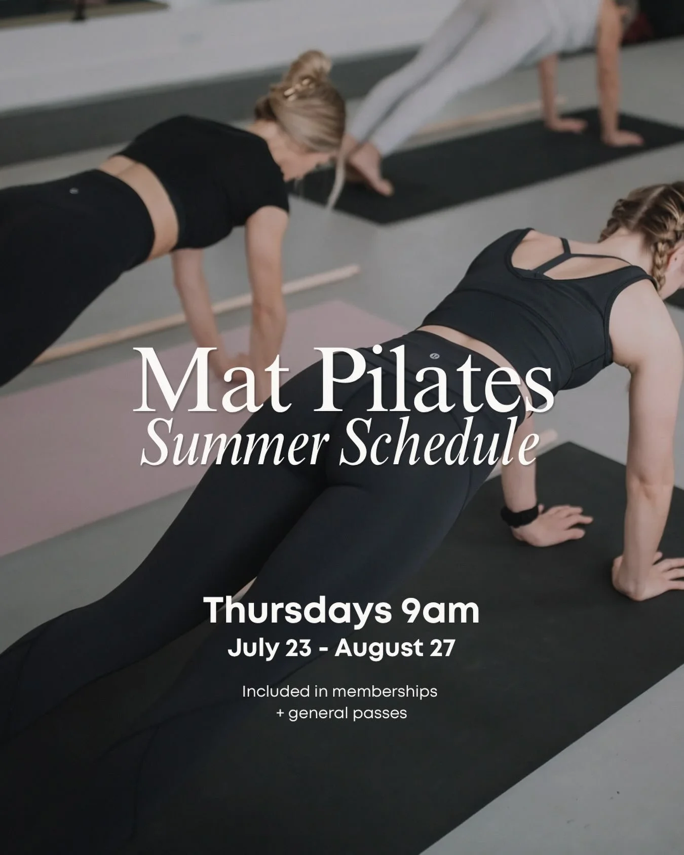 Summer Mat Pilates ☀️

Join Eva every Thursday at 9:00 AM, from July 23rd &ndash; August 27th for our Summer Pilates.

Reserve your spot through MINDBODY using your membership or general class passes, and don&rsquo;t forget to bring your mat!

We can