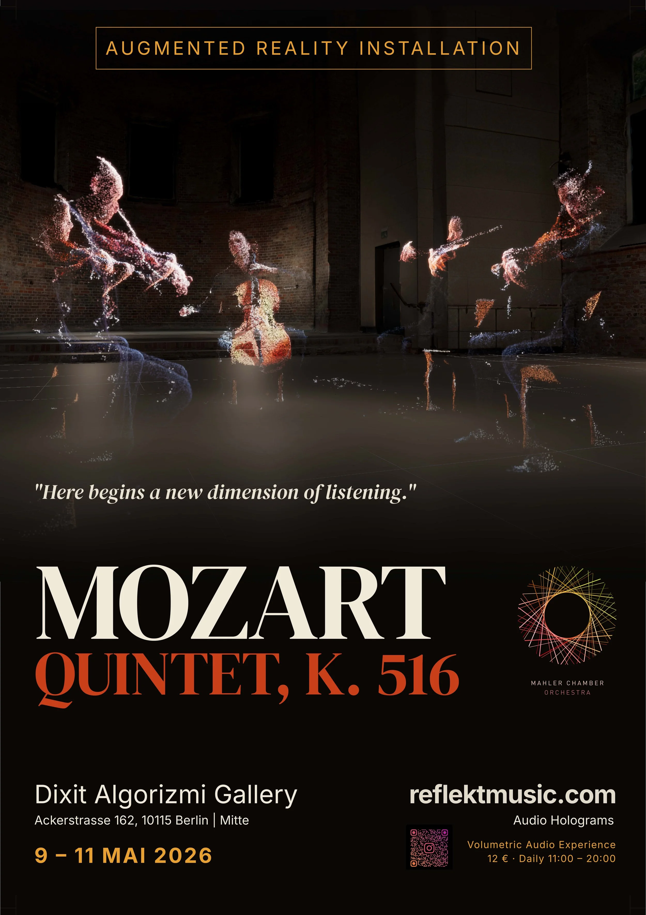 Poster for an augmented reality installation featuring holographic musicians, with text promoting Mozart's Quintet, K. 516, at Dixit Algorizmi Gallery in Berlin from May 9 to 11, 2026.