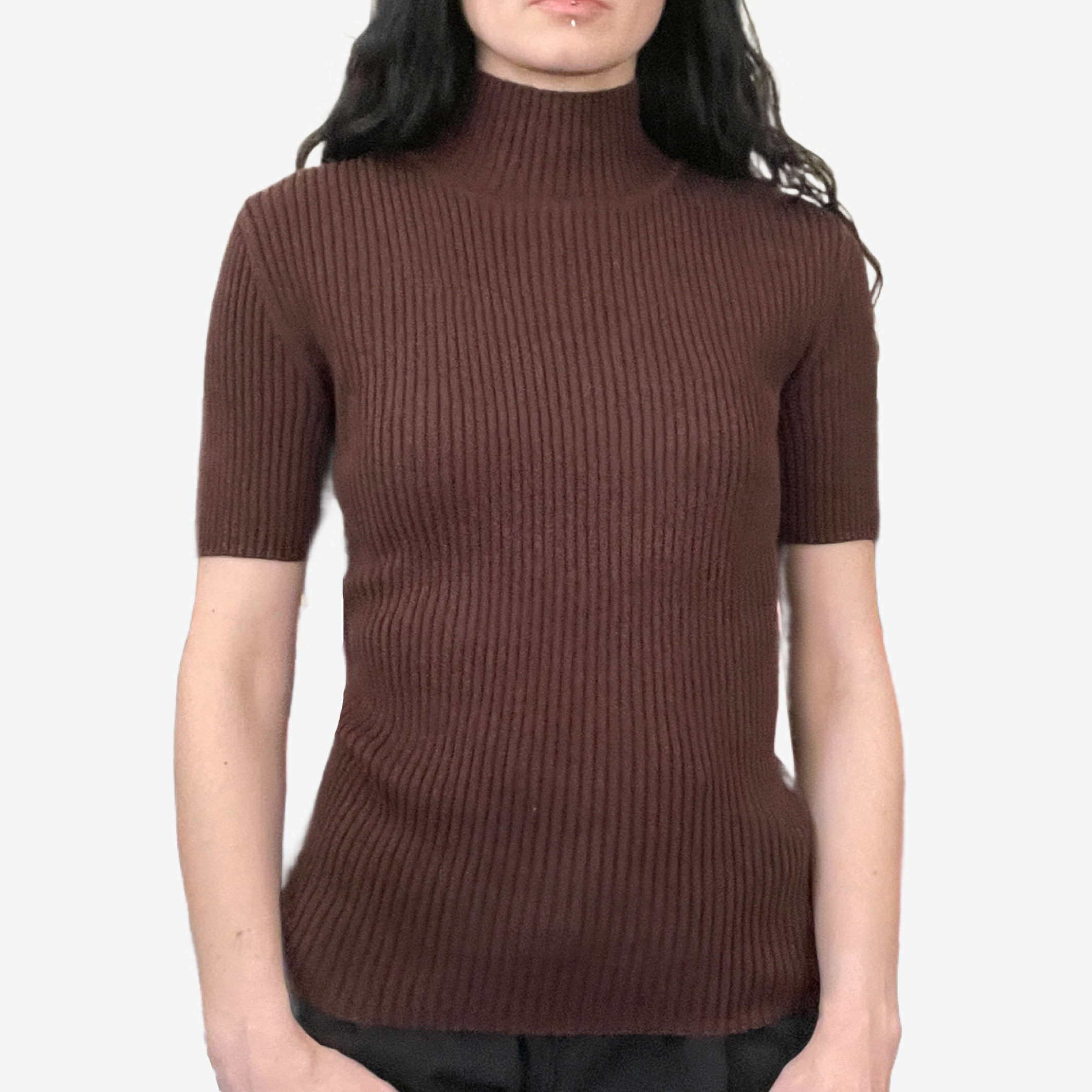 Woman wearing a brown, ribbed mock neck with a short sleeve.