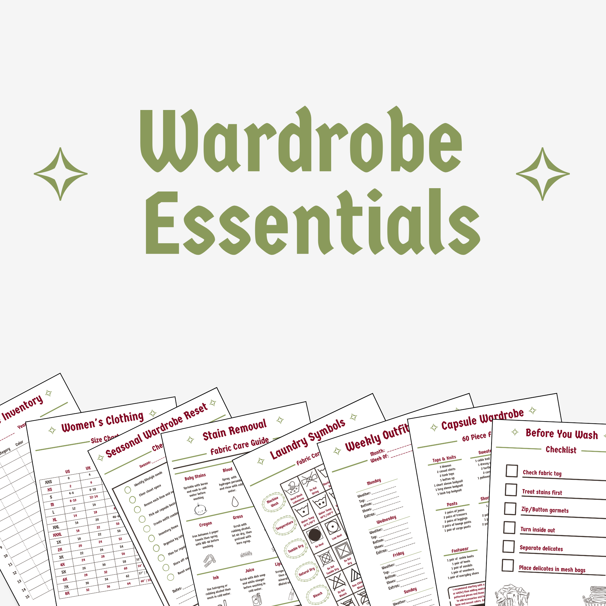 Collection of wardrobe management guides, including seasonal wardrobe reset, stain removal, laundry symbols, weekly outfit planner, capsule wardrobe checklist, and pre-wash checklist.
