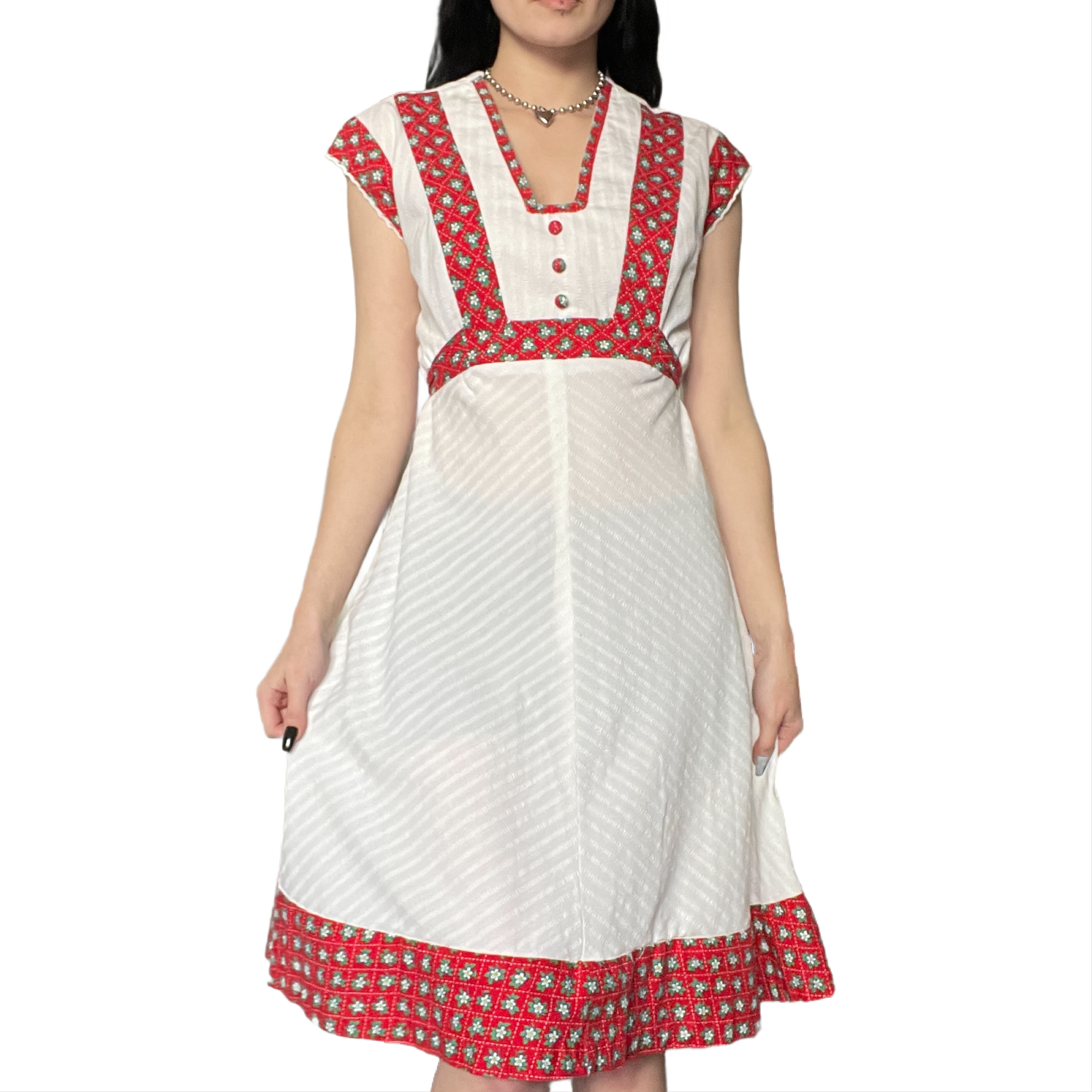 1970's White and Red Floral Dress
