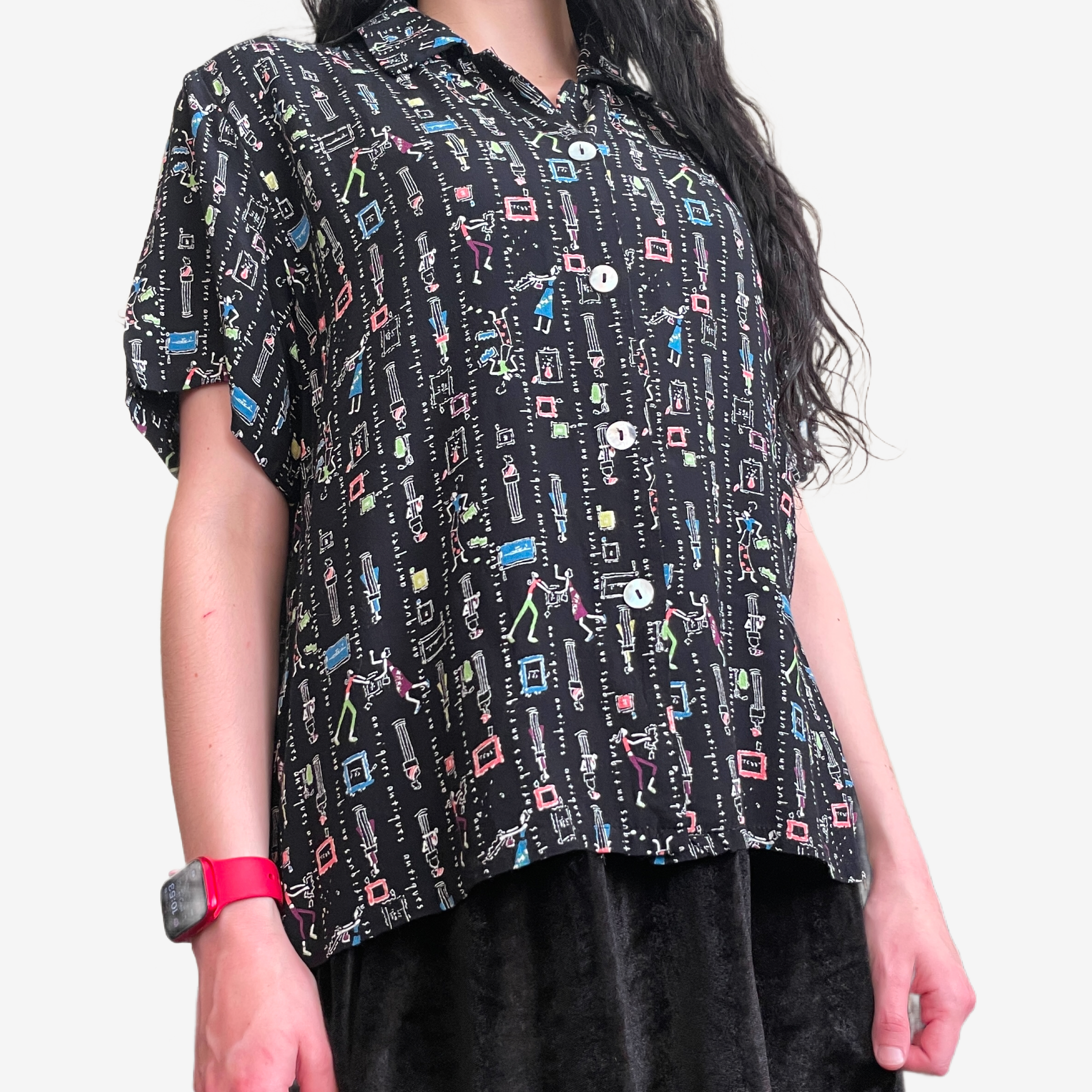 1980's Black Printed Button Up