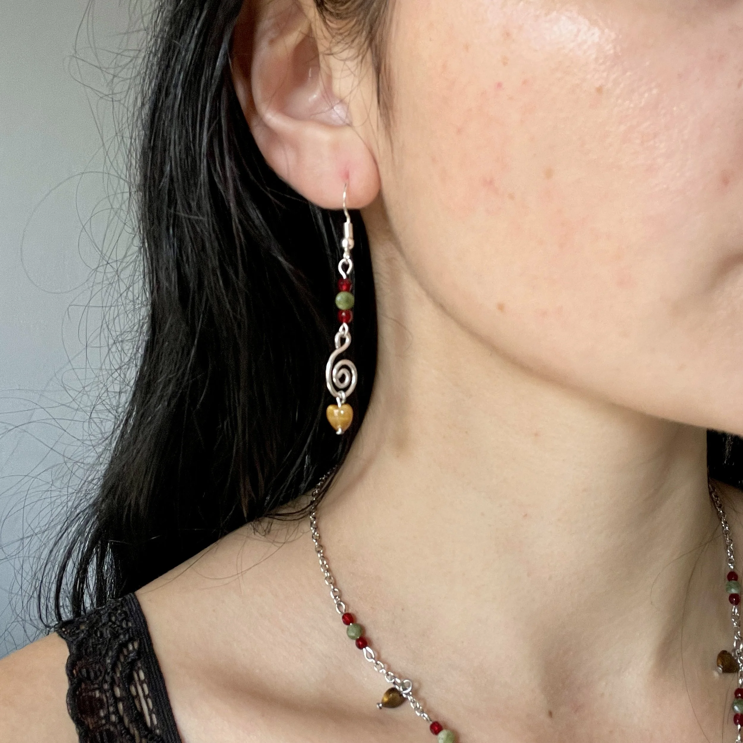 Jade and Tiger's Eye Heart Droplet Ear Rings