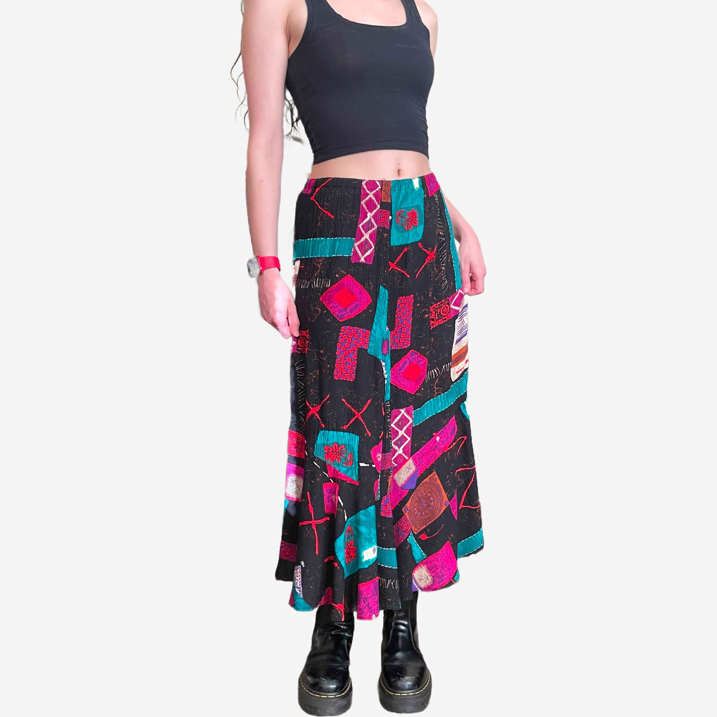 1990's Purple & Teal Abstract Print Midi Skirt
