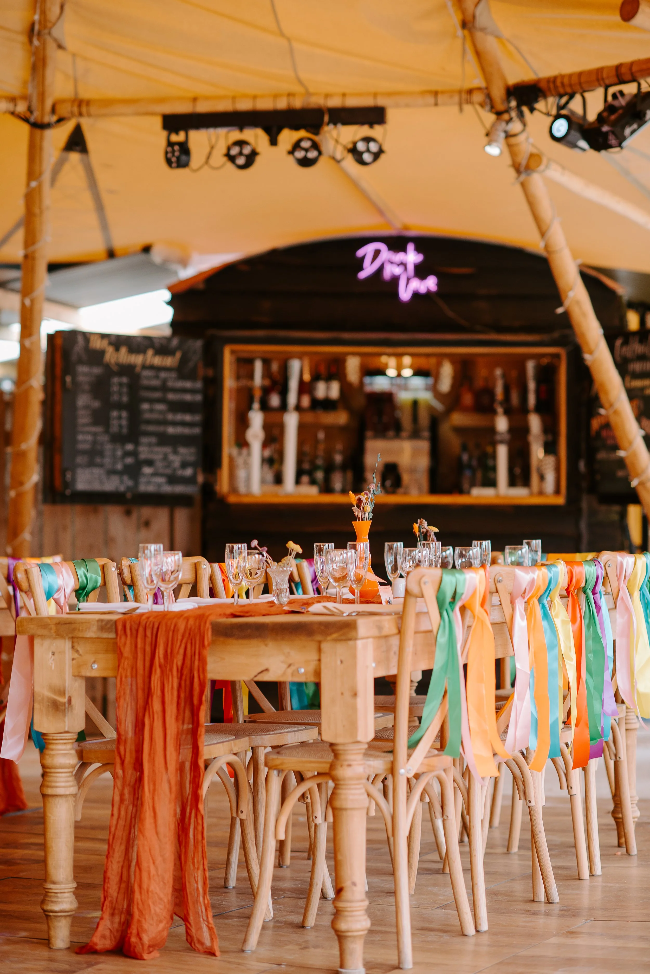 Festival wedding set up in a tipi at Skipbridge Country Weddings