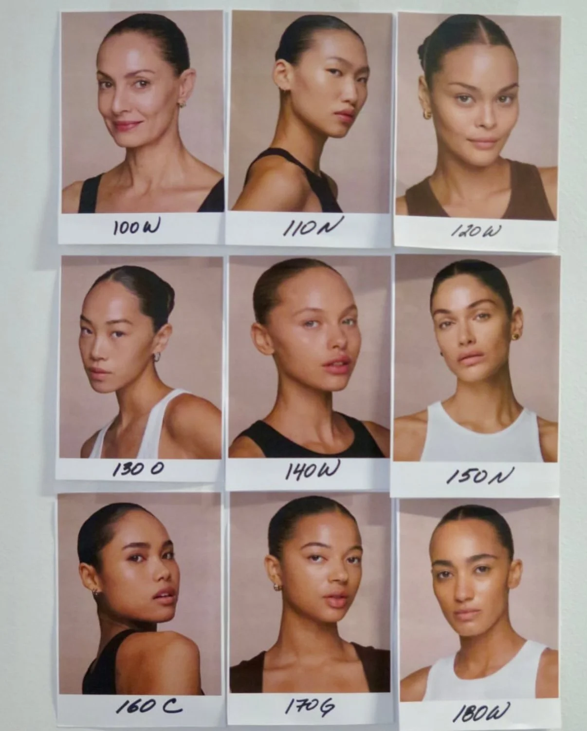 Arrangement of nine portrait photos of a woman, each with different lighting settings labeled as 100W, 110W, 120W, 130W, 140W, 150W, 160C, 170G, and 180W.