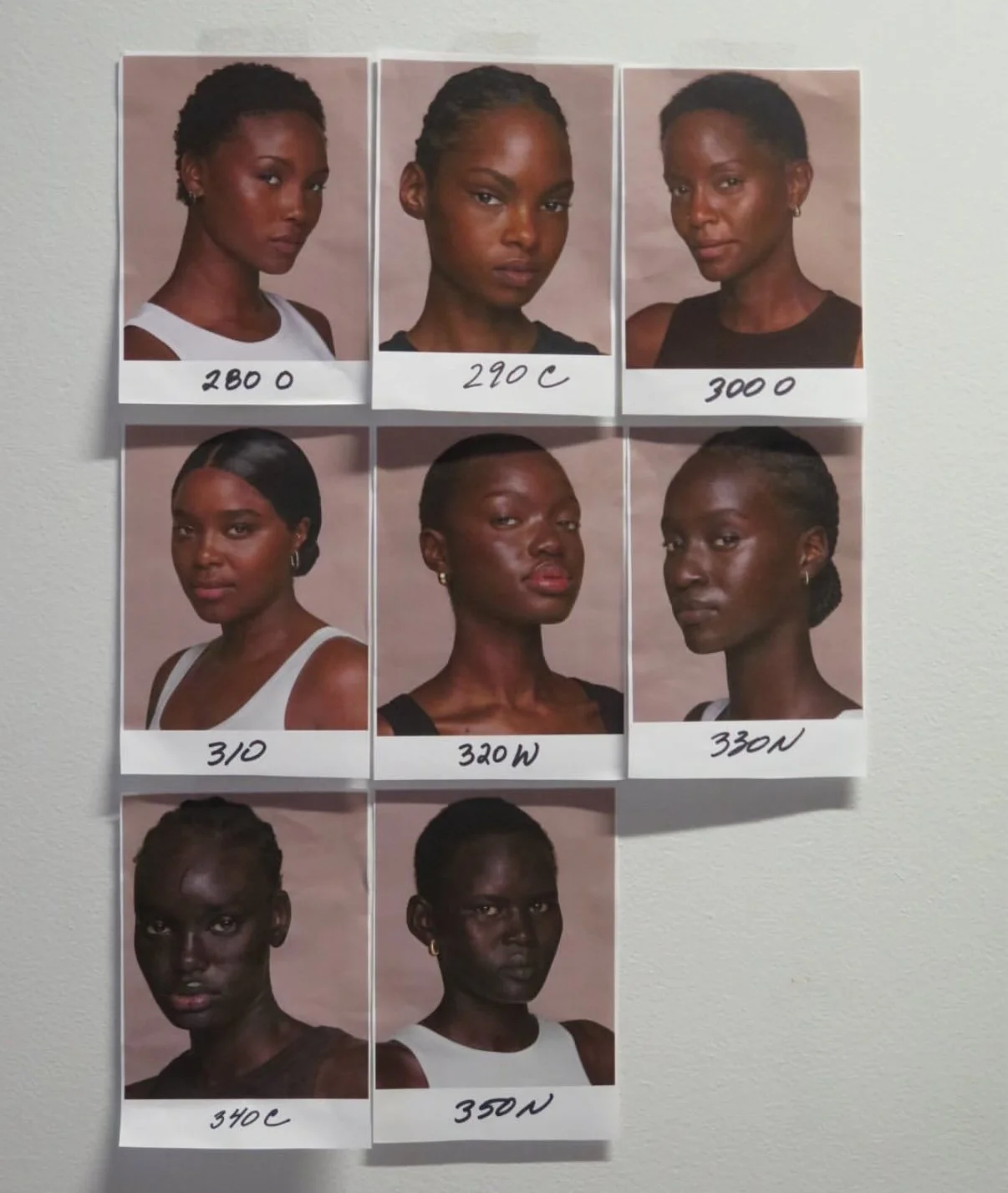 A collage of eight portrait photographs of Black women, each labeled with different clothing sizes. The top row shows sizes 280, 290C, and 300. The middle row shows sizes 310, 320W, and 330N. The bottom row shows sizes 340C and 350N.