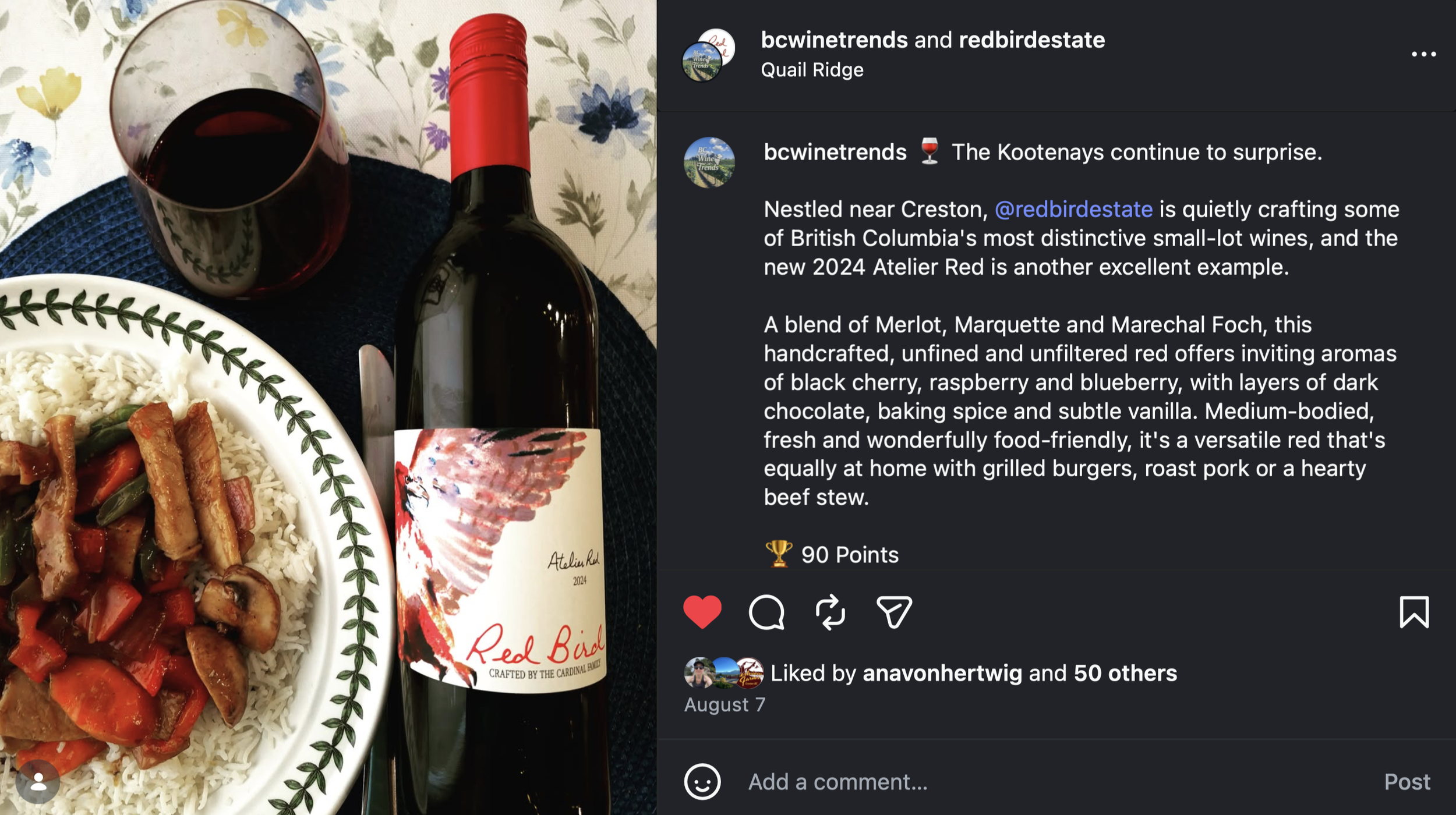 Screenshot of Instagram post featuring on the left an image of the Red Bird Atelier 2024 wine bottle on the right, and a dish with rice and stir-fried veggies and mushrooms, and on the right a text box.