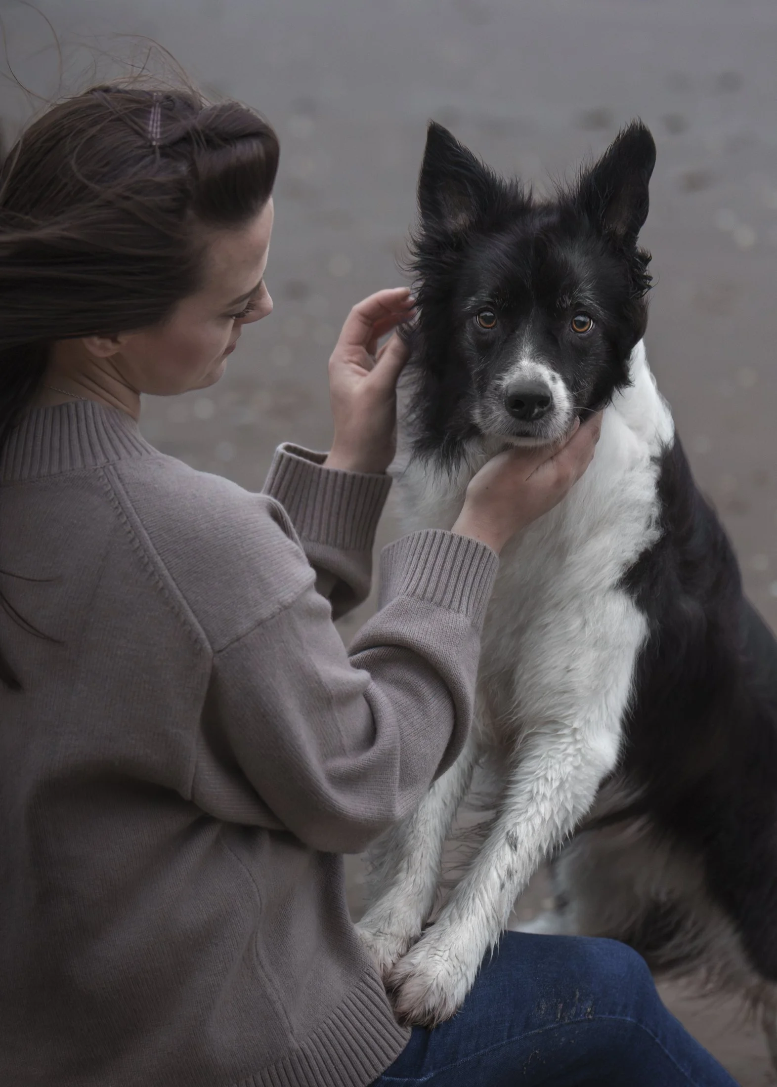 A woman with brown hair in a beige sweater gently petting a black-and-white Border Collie dog, seated on her lap, outdoors on a cloudy day.