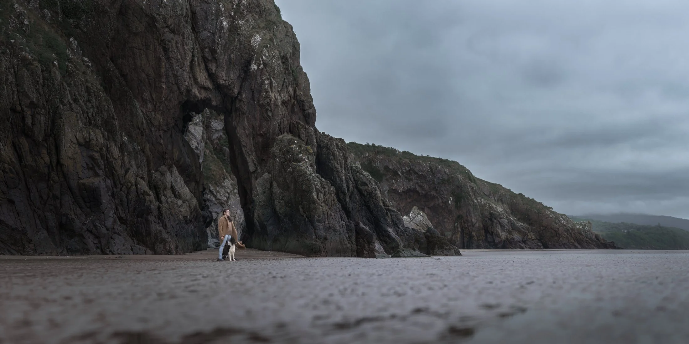 A person with a dog standing on a beach near tall rocky cliffs under a cloudy sky.