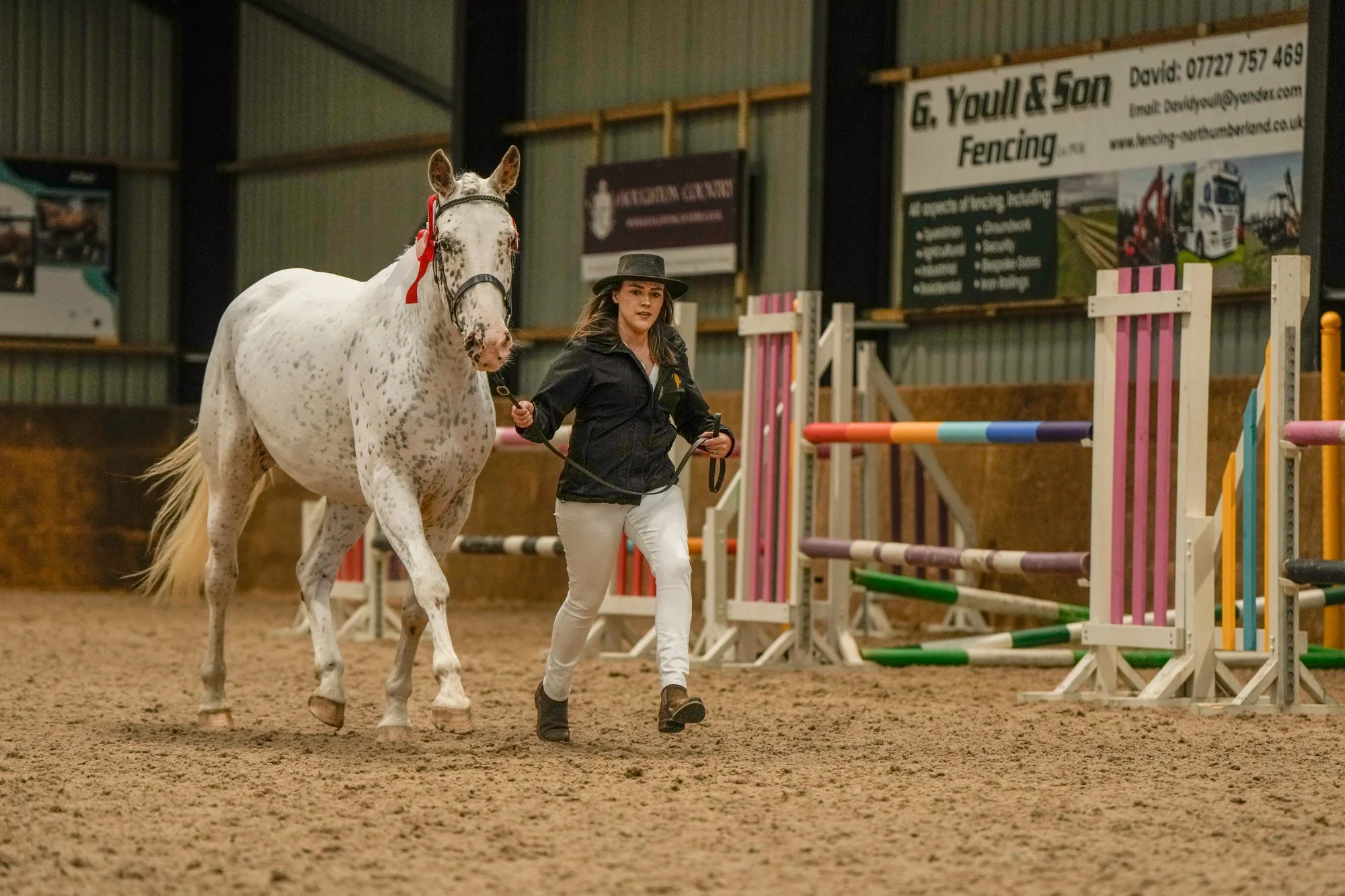 A woman leading a knabstrupper mare inside an indoor equestrian arena, with show jumping obstacles in the background.