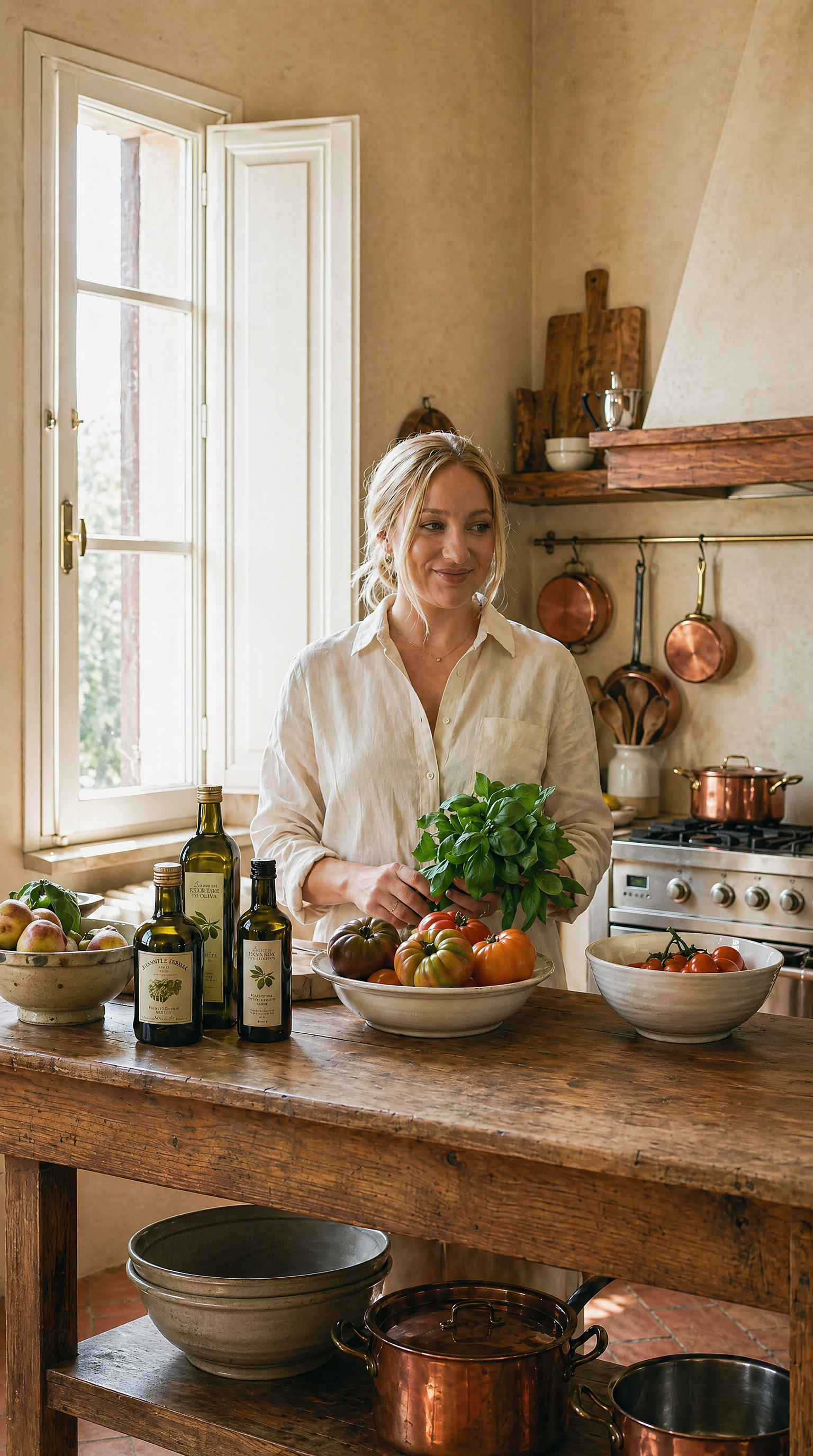A woman standing in a kitchen, holding a bunch of basil, surrounded by various tomatoes, on a wooden table.
