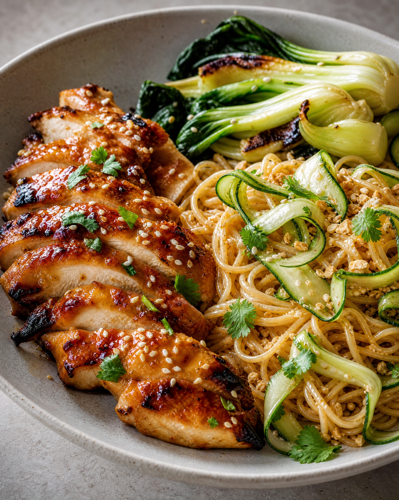 Korean Sesame Chicken Thighs with Peanut Cucumber Rice Noodles