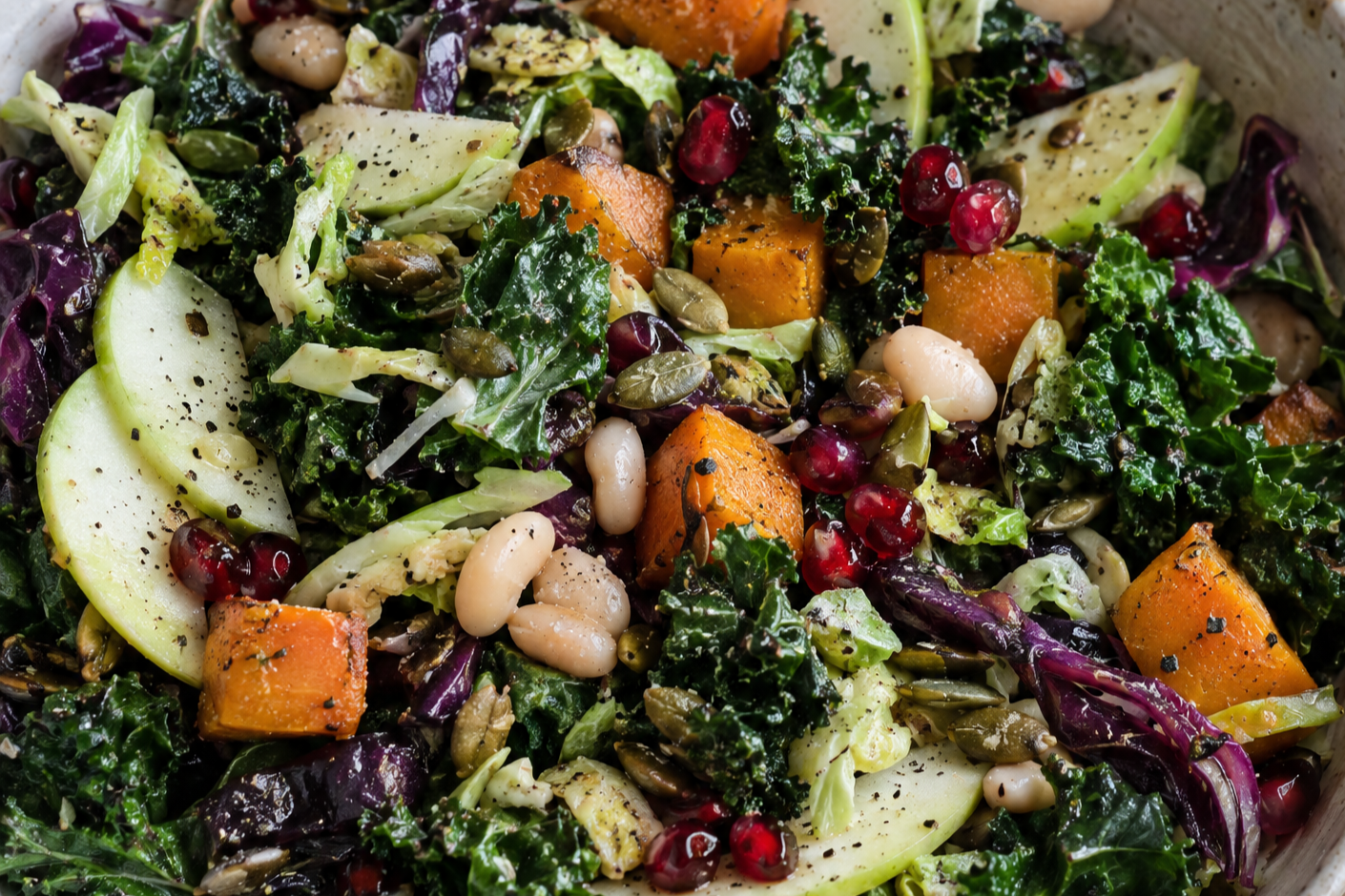 Kale + Roasted Vegetable Salad with Maple Tahini Vinaigrette