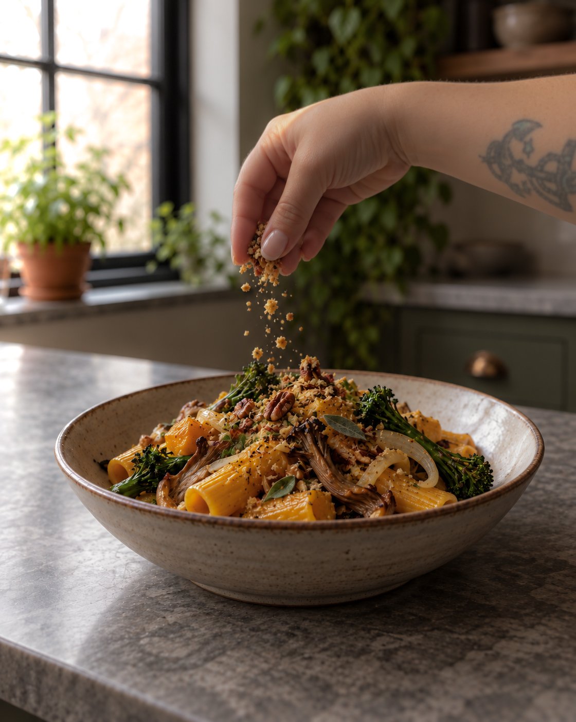 Butternut Squash Rigatoni, Roasted Oyster Mushroom, Pecan Sage Breadcrumb