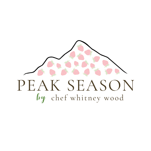 Logo for Peak Season by Chef Whitney Wood featuring strawberries arranged in a mountain shape.