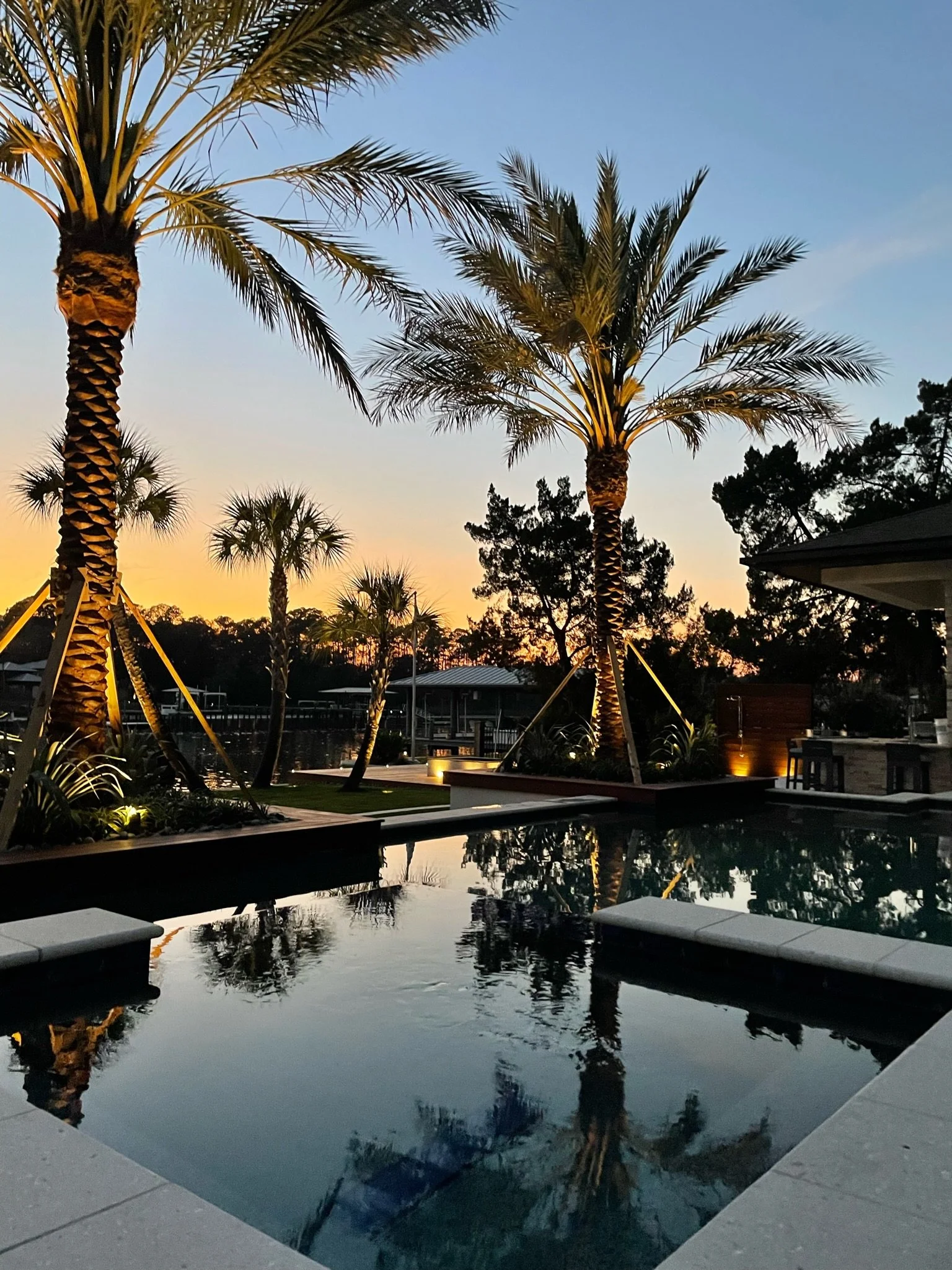 A tropical backyard at sunset with palm trees, a swimming pool, and outdoor furniture.