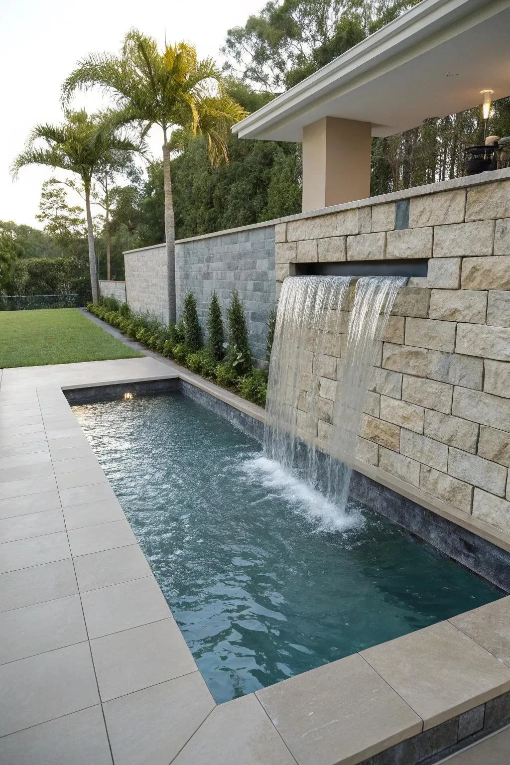 Modern backyard with rectangular pool and cascading waterfall feature built with stone wall, surrounded by lush green plants and tall palm trees.