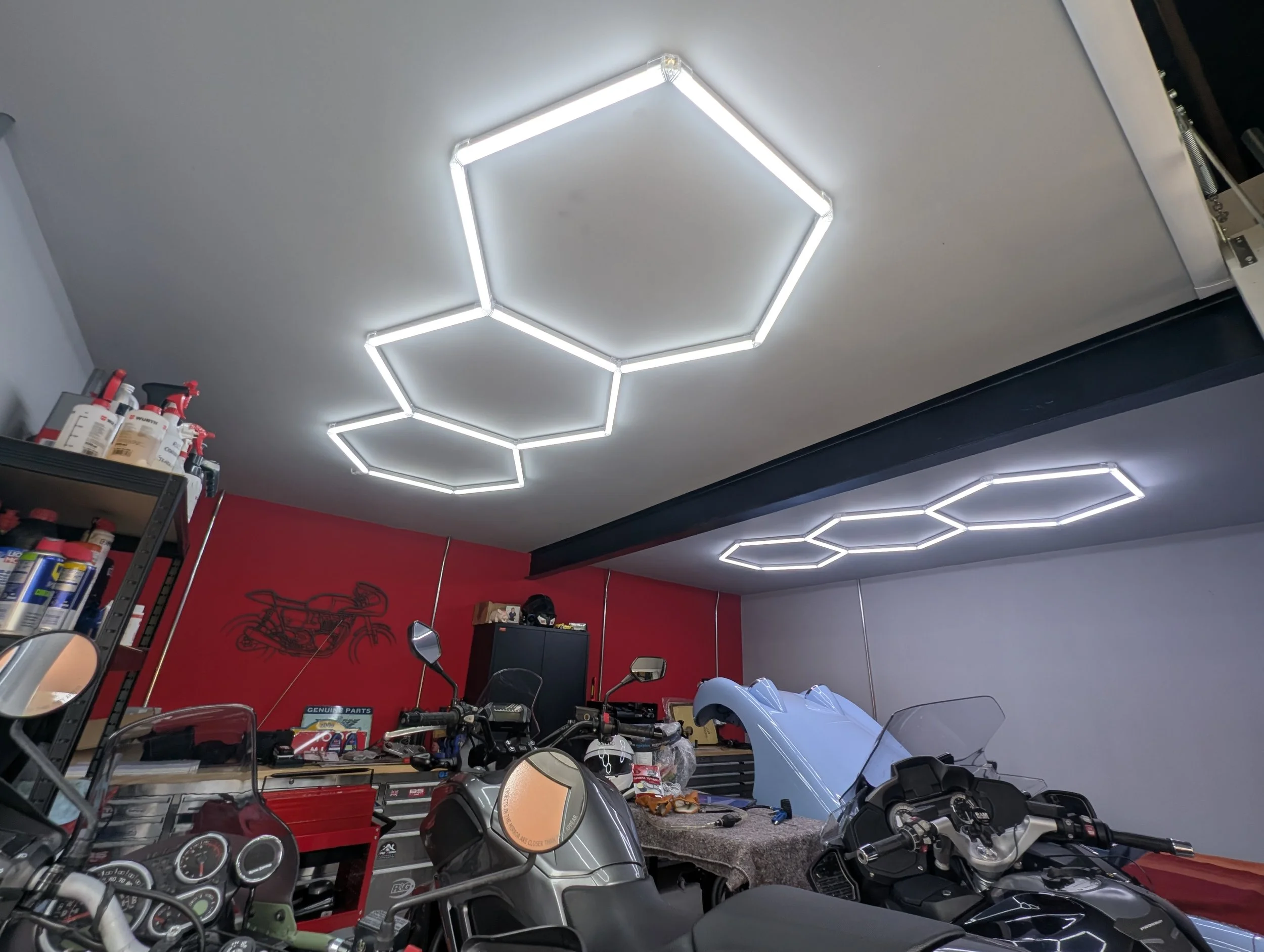 Hexagon lighting in garage in Oxford