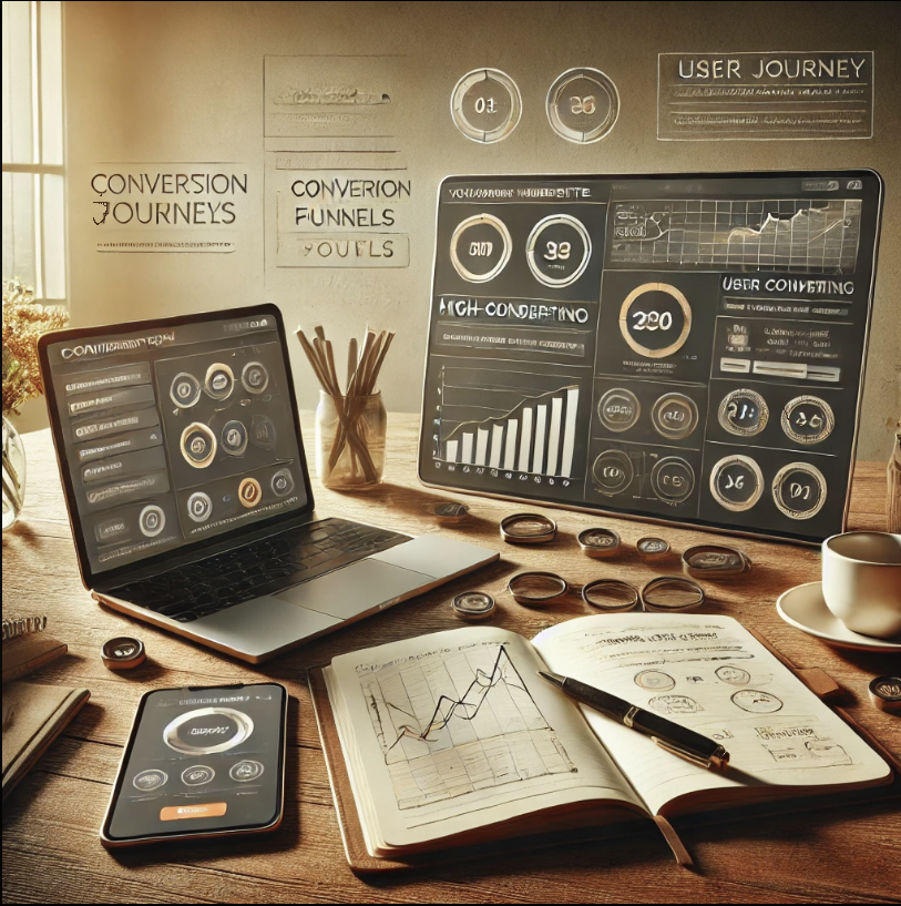 Digital screens and notebooks displaying charts for website optimisation and UX audits to address bounce rates, low dwell times, and conversion challenges.