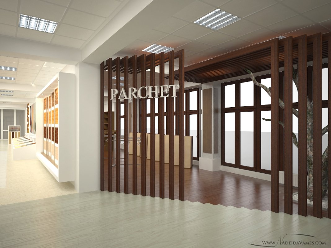 Interior showroom with wooden flooring displays and a partition wall labeled 'PARCHET.' Modern design with wood and glass elements.