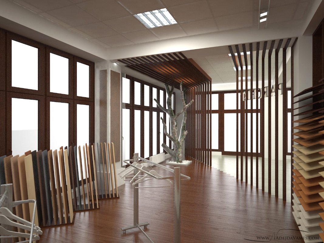Modern interior with wood panels, floor samples, and display stands