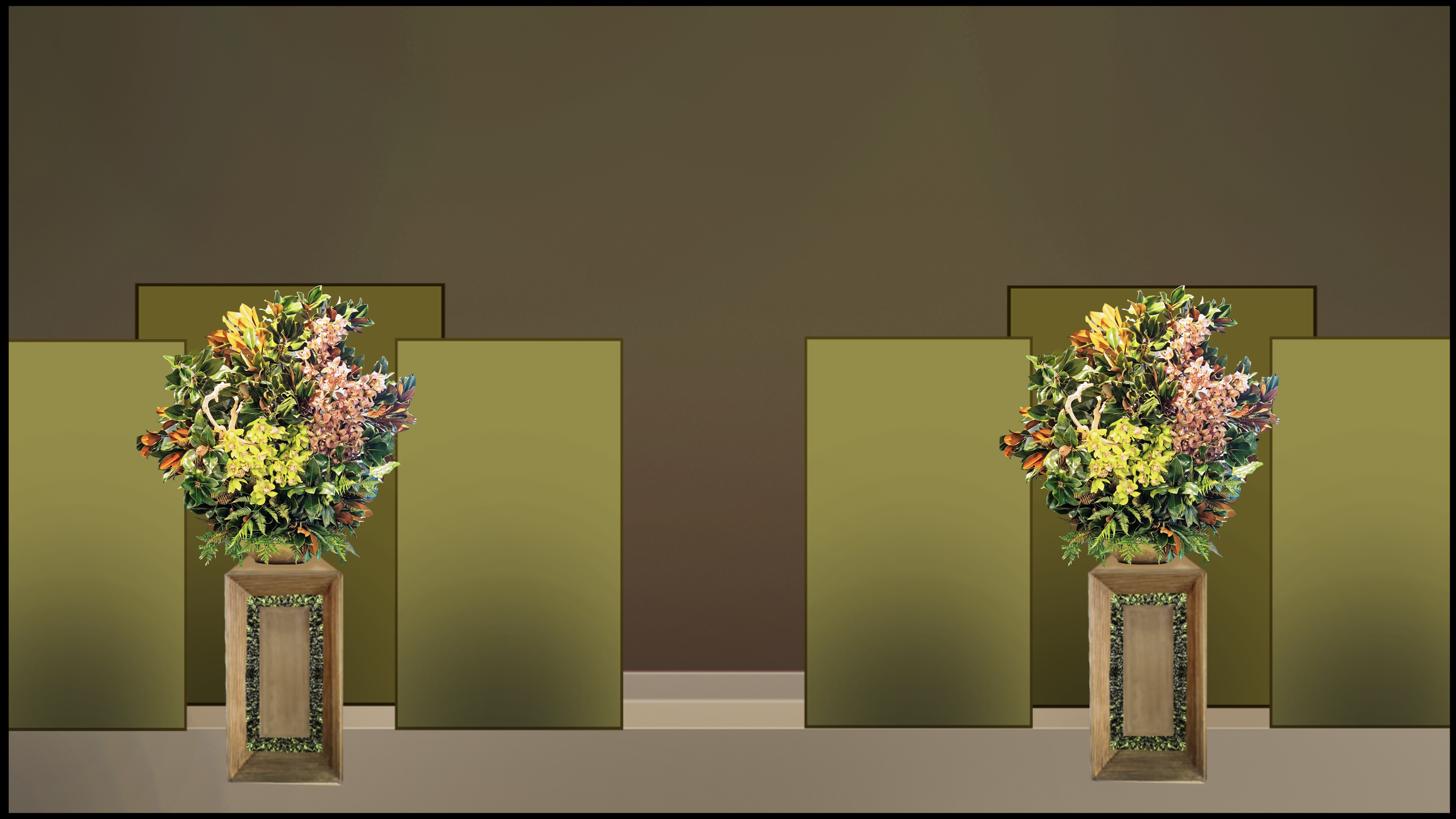 Two identical floral arrangements with assorted colorful flowers placed on wooden stands, set against a background with four green panels and a brown wall.