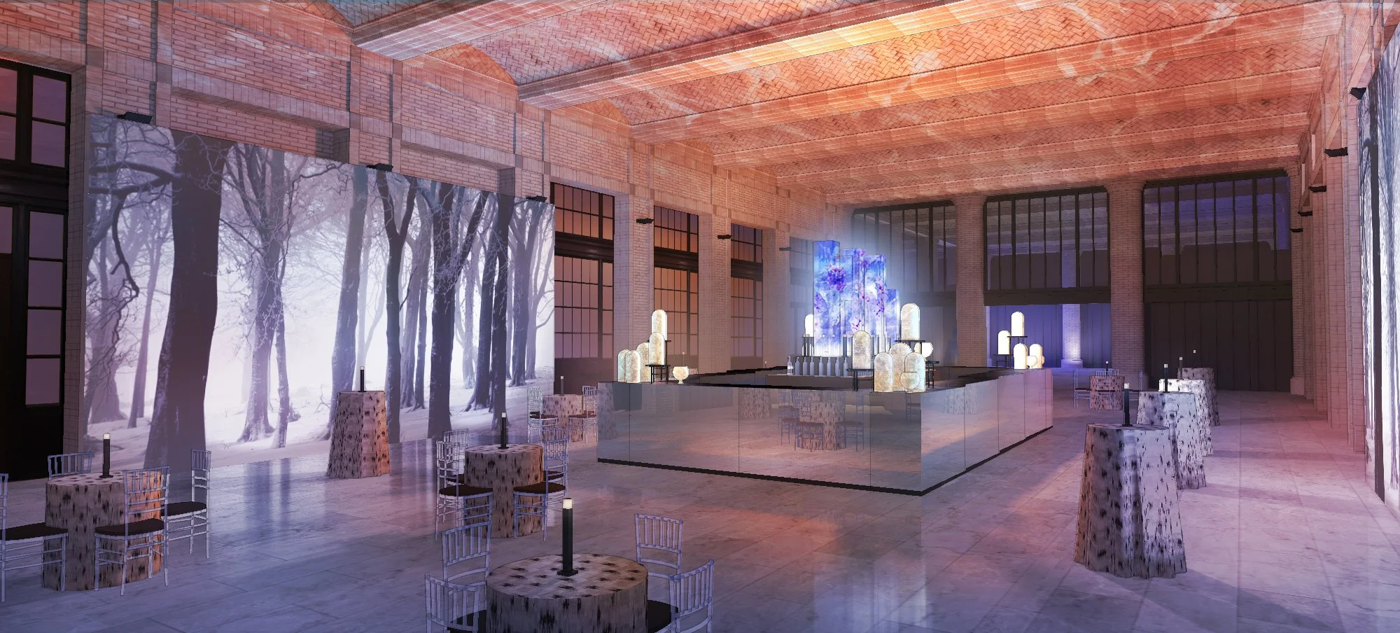 Indoor event space with a winter forest mural, decorative tables, and a central illuminated art installation with pillars and lighting.